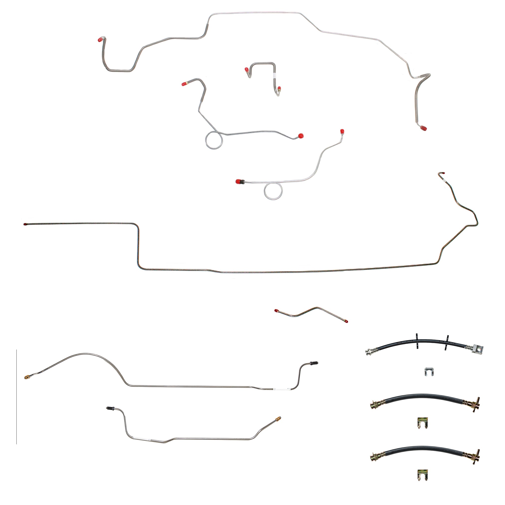 68-69 Mopar B-Body, Power Disc Brakes, Right Ported Master Cylinder, Right Front to Fender then Rises 4.5" Above Bell housing then routes UNDER Frame Rail, 8 3/4 Axle; Complete Brake Line and Hose Kit; Stainless - SSTubes