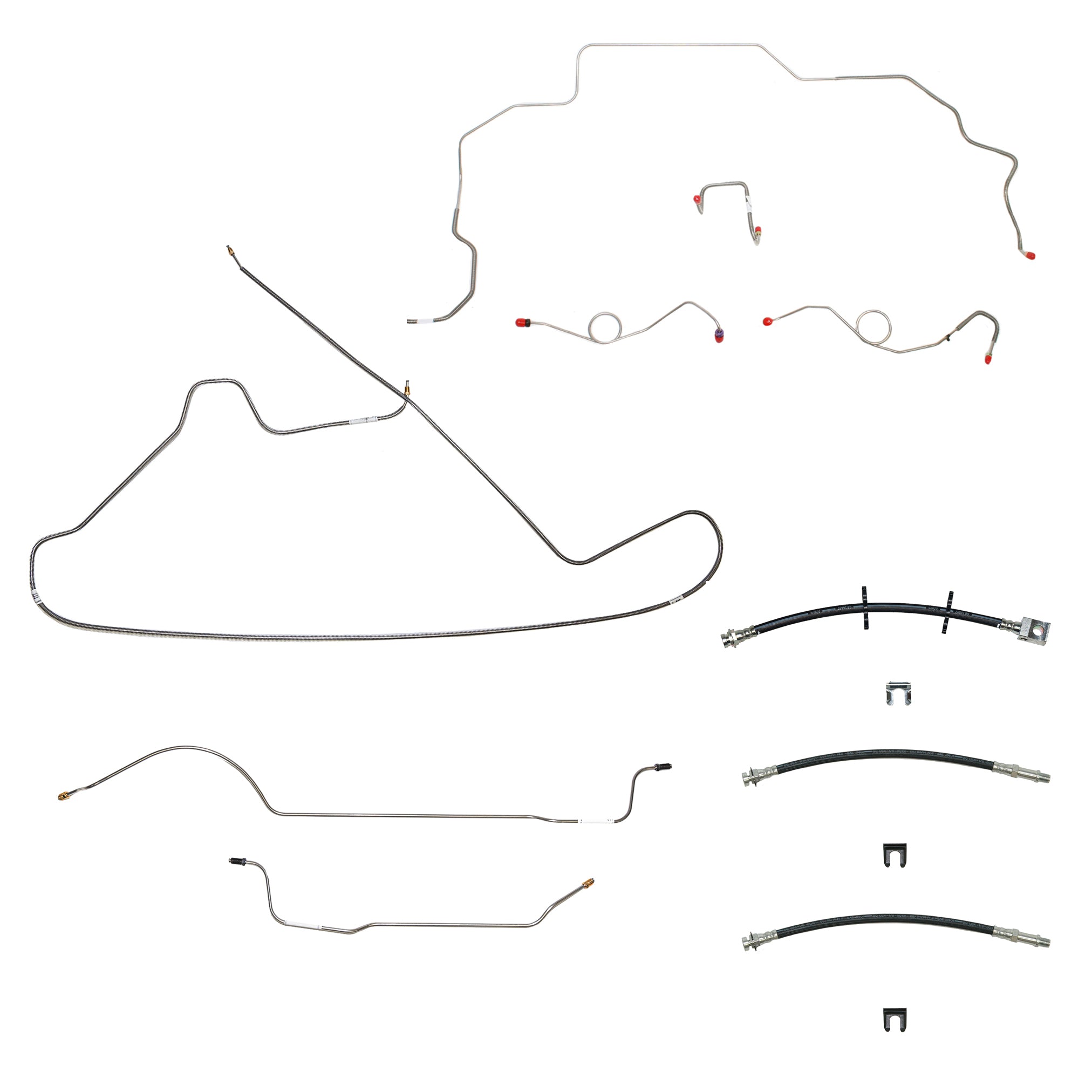 69-70 Mopar B-Body, Drum Brakes, Right Front to Fender then Rises 4.5'' Above Bell housing then routes UNDER Frame Rail, 8 3/4 Axle; Complete Brake Line and Hose Kit; Steel - SSTubes