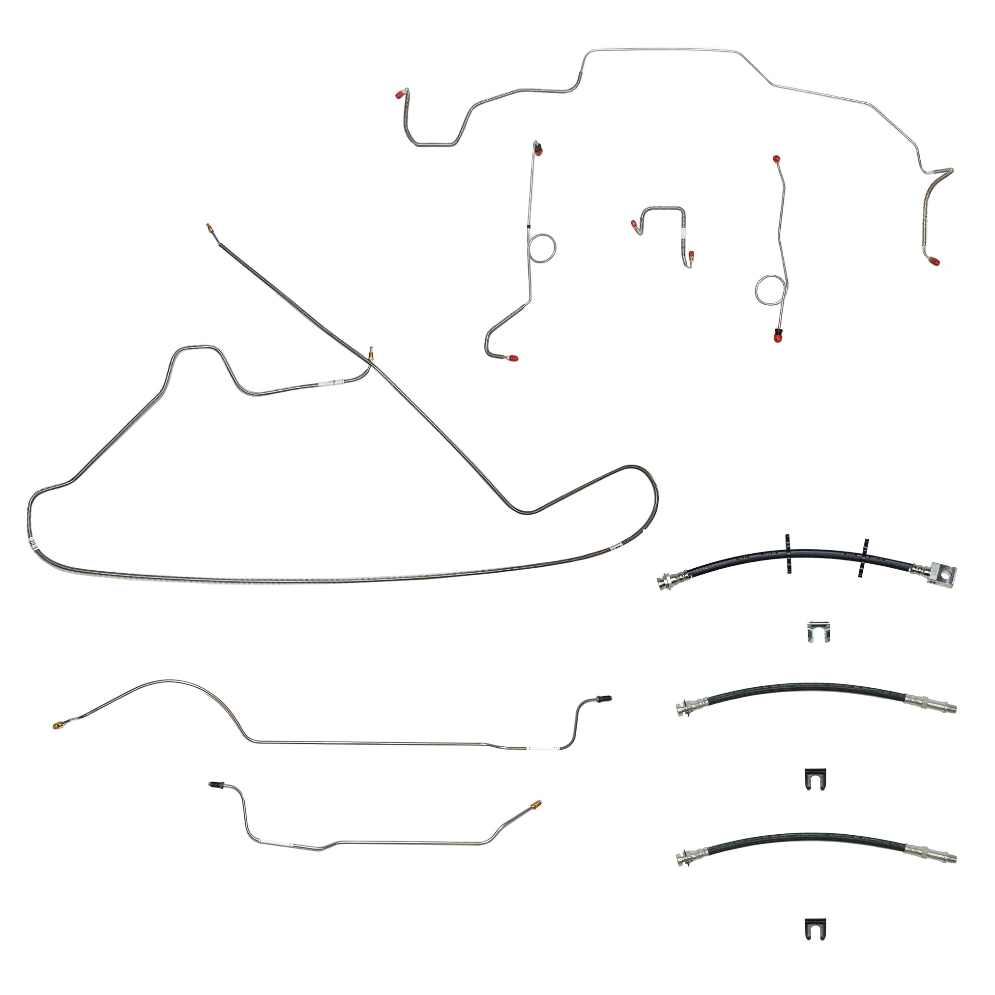 68-70 Mopar B-Body, Drum Brakes, Right Front to Fender then Rises 4.5'' Above Bell housing then routes OVER Frame Rail, 8 3/4 Axle; Complete Brake Line and Hose Kit; Stainless - SSTubes