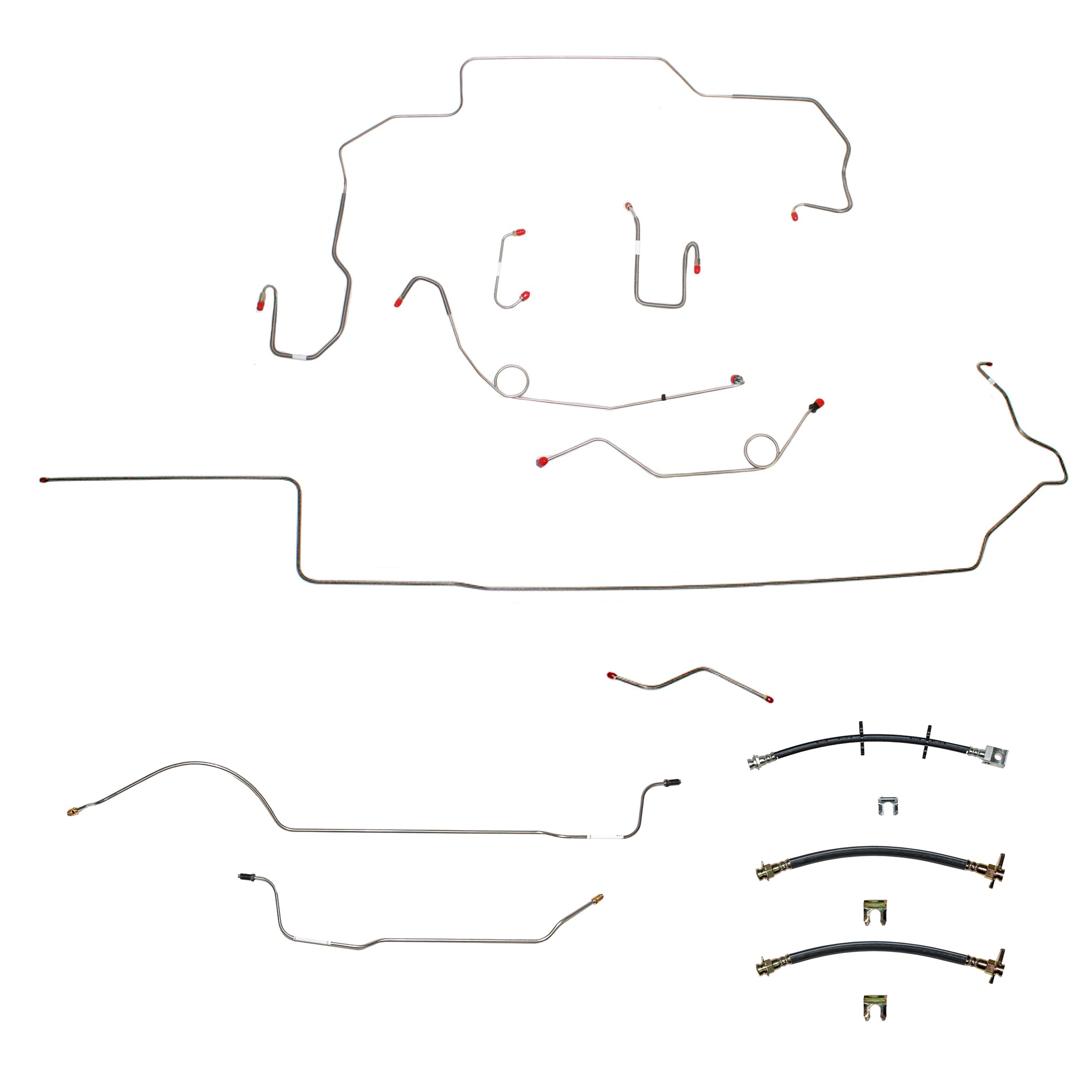 68-69 Mopar B-Body, Hemi, Power Drum Brakes, Right Front to Fender then Rises 4.5" Above Bell housing then routes UNDER Frame Rail, 8 3/4 Axle; Complete Brake Line and Hose Kit; Stainless - SSTubes