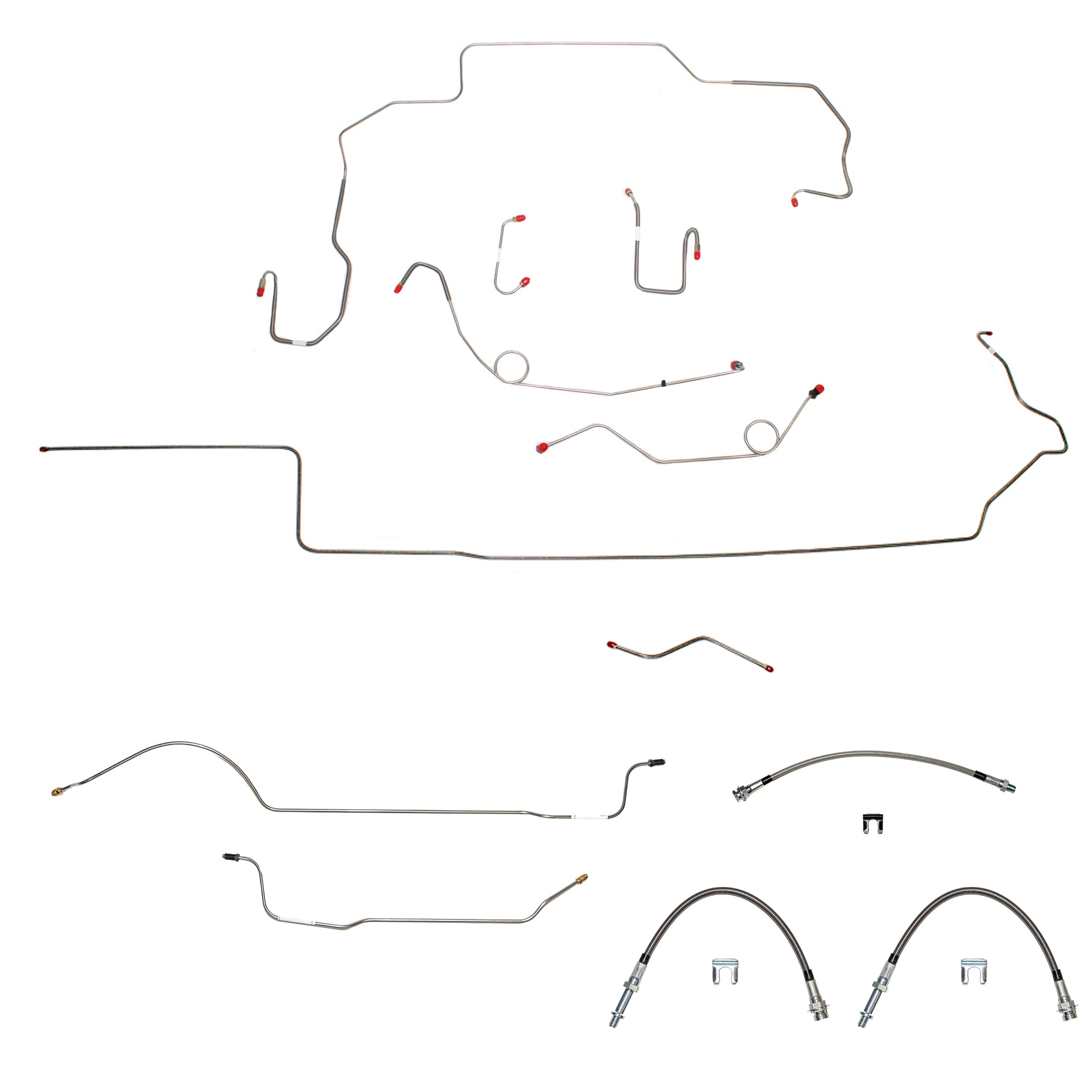 70 Mopar B-Body, Hemi, Power Drum Brakes, Right Front to Fender then Rises 4.5" Above Bell housing then routes UNDER Frame Rail, 8 3/4 Axle; Complete Brake Line and Hose Kit; Steel - SSTubes