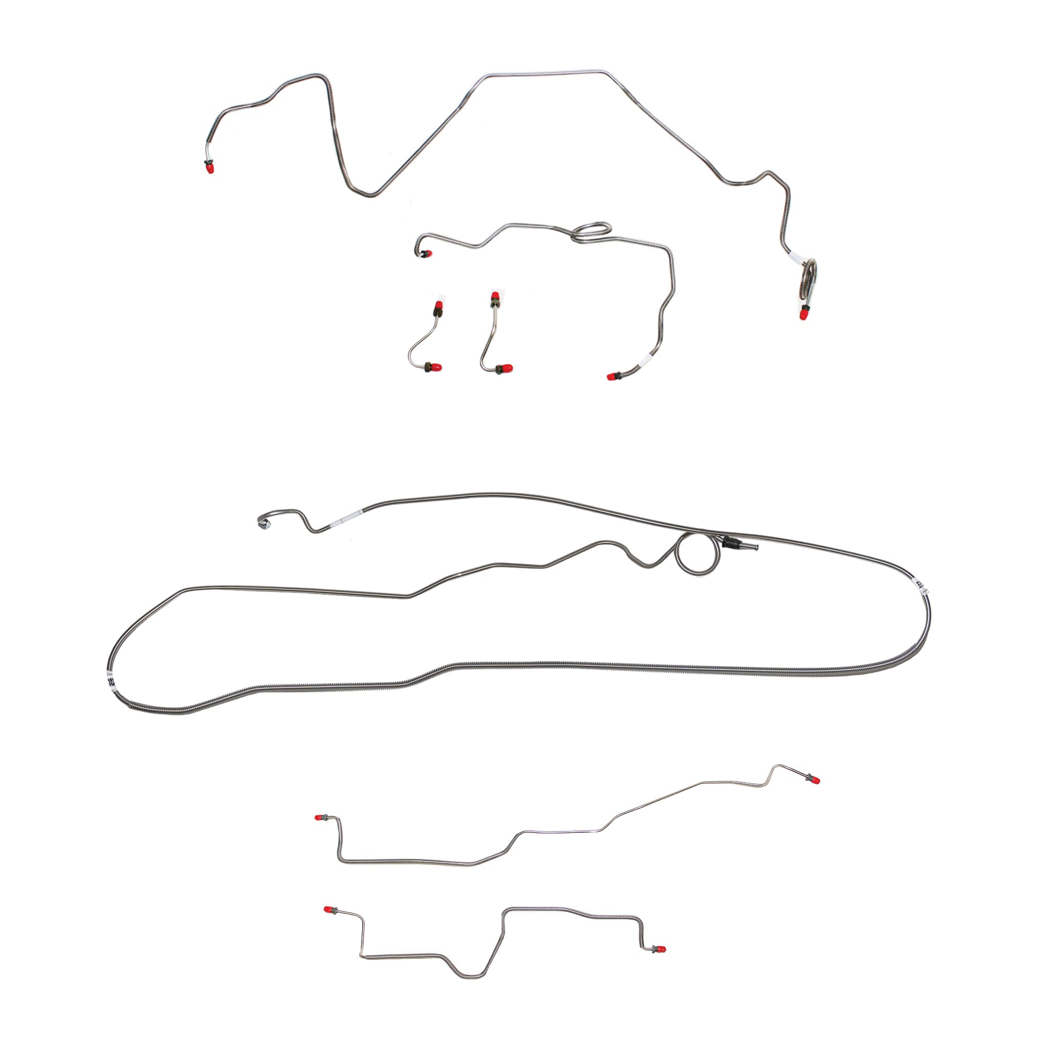 1986-89 Pontiac Firebird, w/ Rear Drum, 2.5L 4 cyl or 2.8L 6 cyl, Line Enters Bottom of Valve, Fine Threads on Master, non Borg-Warner HD Axle; Complete Brake Line Kit; Stainless - SSTubes