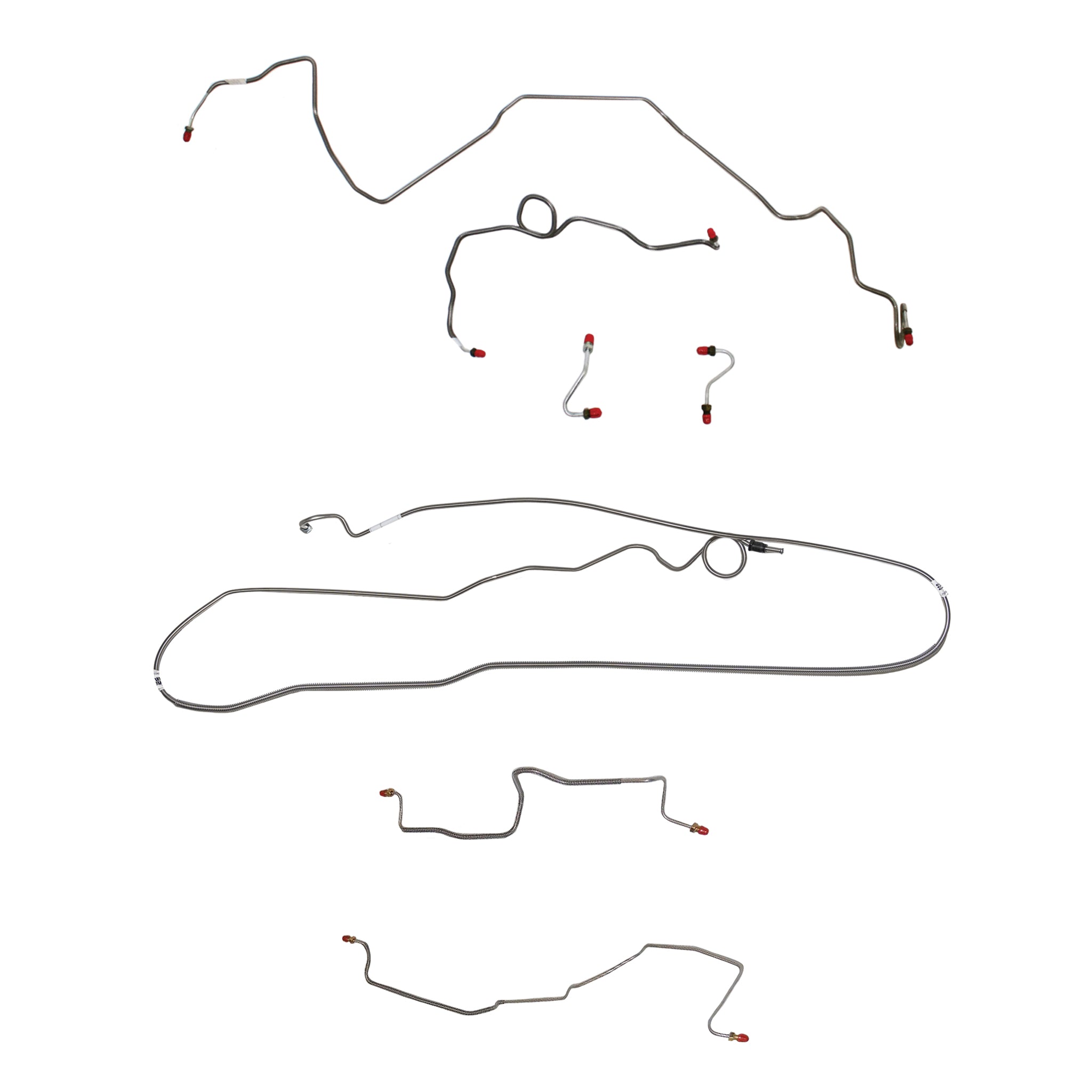 1989 Pontiac Firebird, w/ Rear Drum, 2.8L 6 cyl or 3.1L 6 cyl, Line Enters Bottom of Valve, Coarse Threads on Master, Borg-Warner HD Axle; Complete Brake Line Kit; Stainless - SSTubes