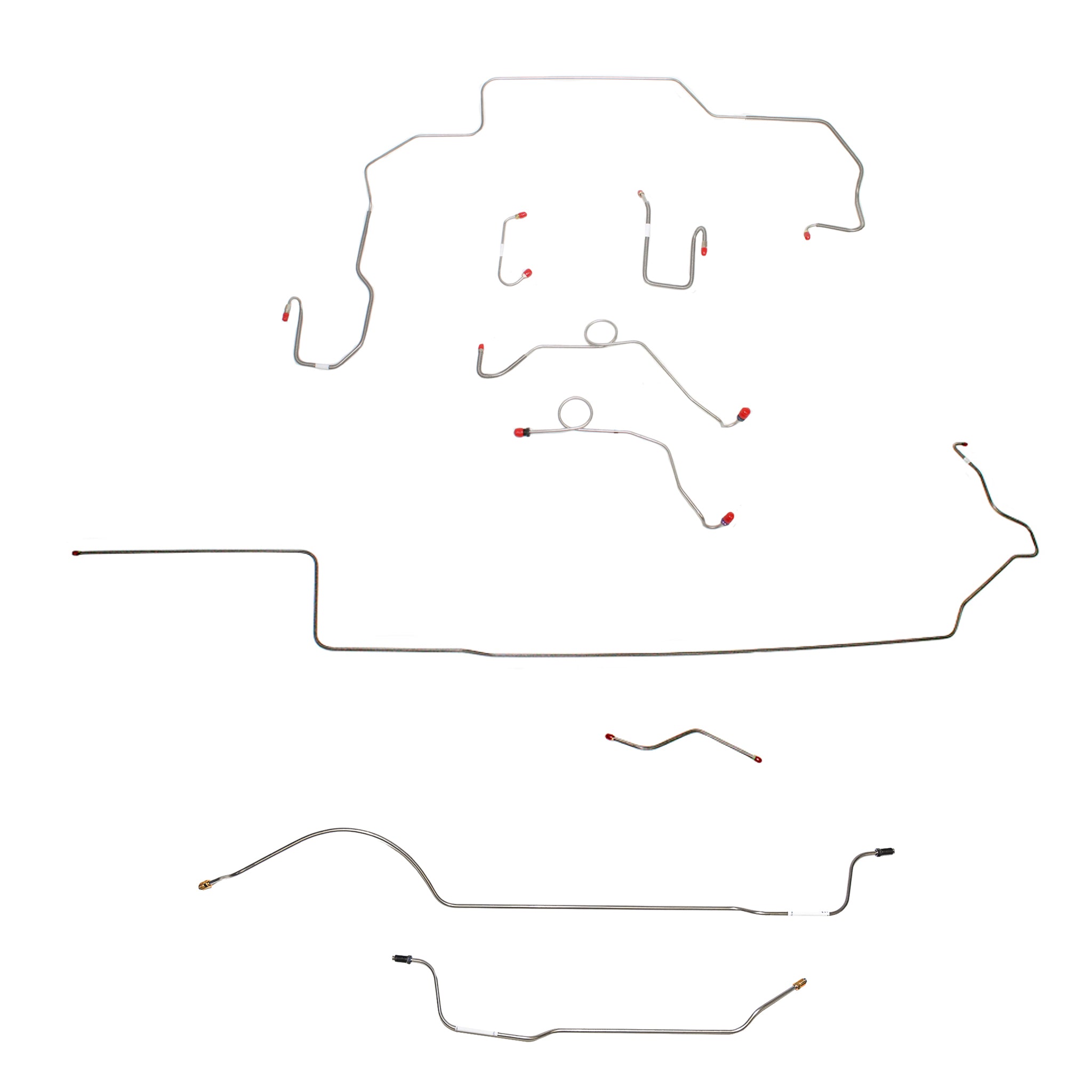 1968-69 MOPAR B-body w/ Power Disc, Left Ported Master 3 Valves, Right Front UNDER Frame, 8-3/4'' Axle; Complete Brake Line Kit; Stainless - SSTubes