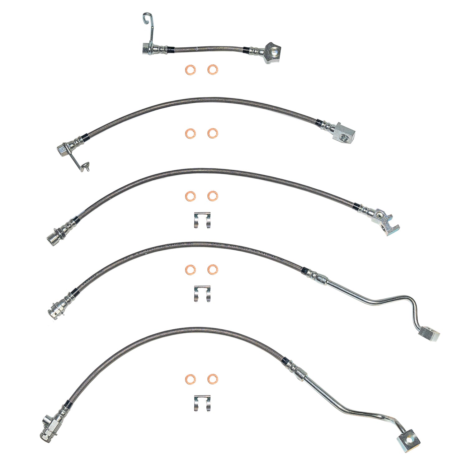 HSK0023SS - 99-01 Ford F-250/F-350 Superduty 4wd RWABS, Staggered Rear Calipers, Brake Hose Kit; Braided Stainless - SSTubes