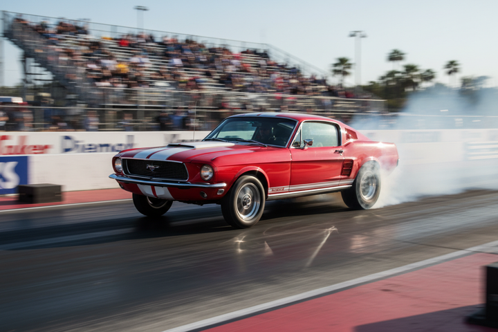 1968 Mustang Fastback in candy apple red drag racing