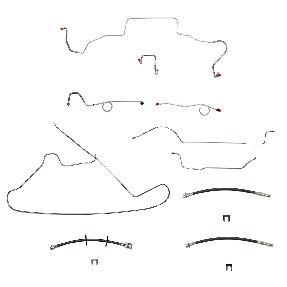 67 Mopar B-Body, Standard Drum Brakes, Right Front Clips under Column then rises 4.5'' Above Bell housing, 8 3/4 Axle; Complete Brake Line and Hose Kit; StainlessSSTubes