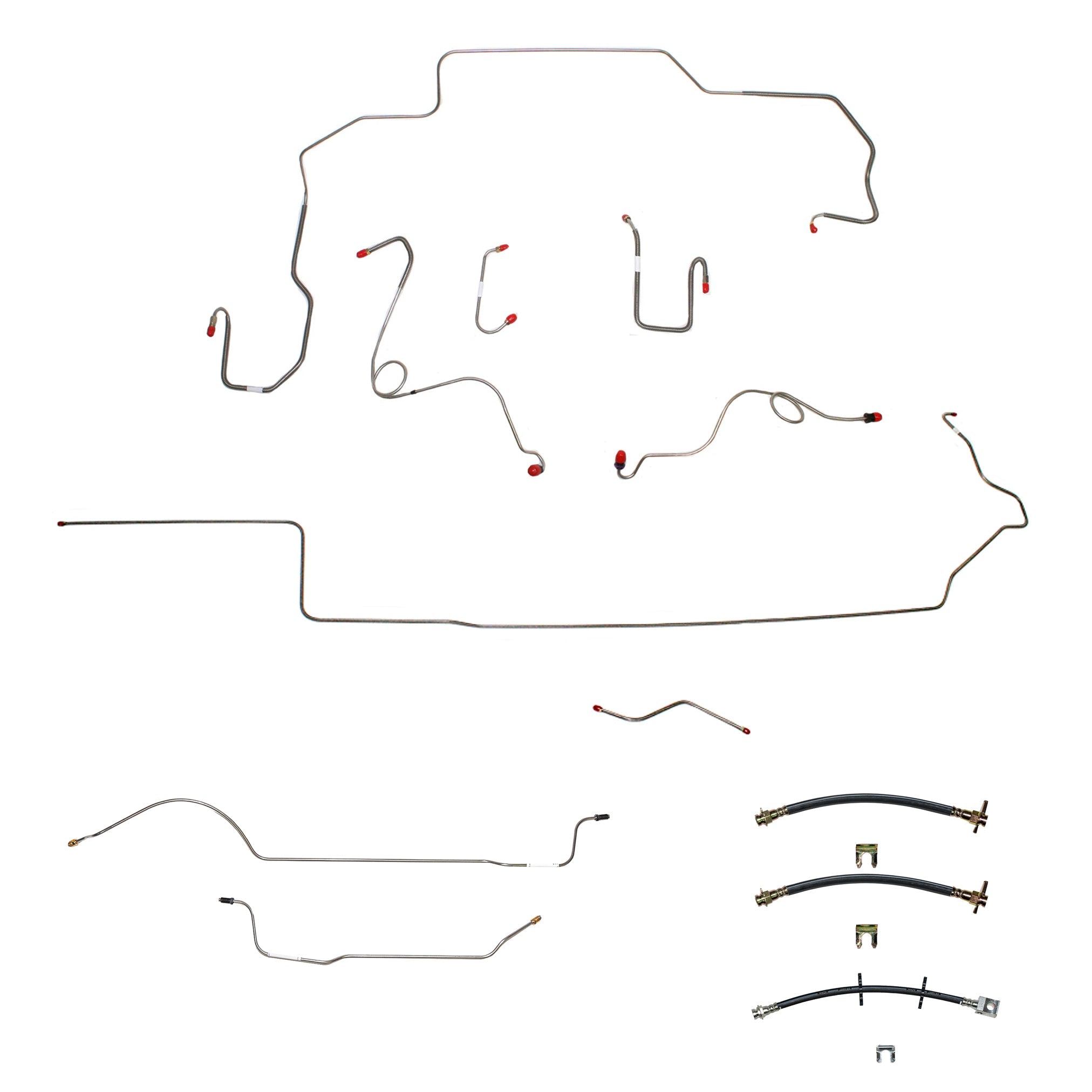 69-70 Mopar B-Body, Power Disc Brakes, Right Ported Master Cylinder, Right Front to Fender then Rises 4.5" Above Bell housing then routes UNDER Frame Rail, 8 3/4 Axle; Complete Brake Line and Hose Kit; StainlessSSTubes