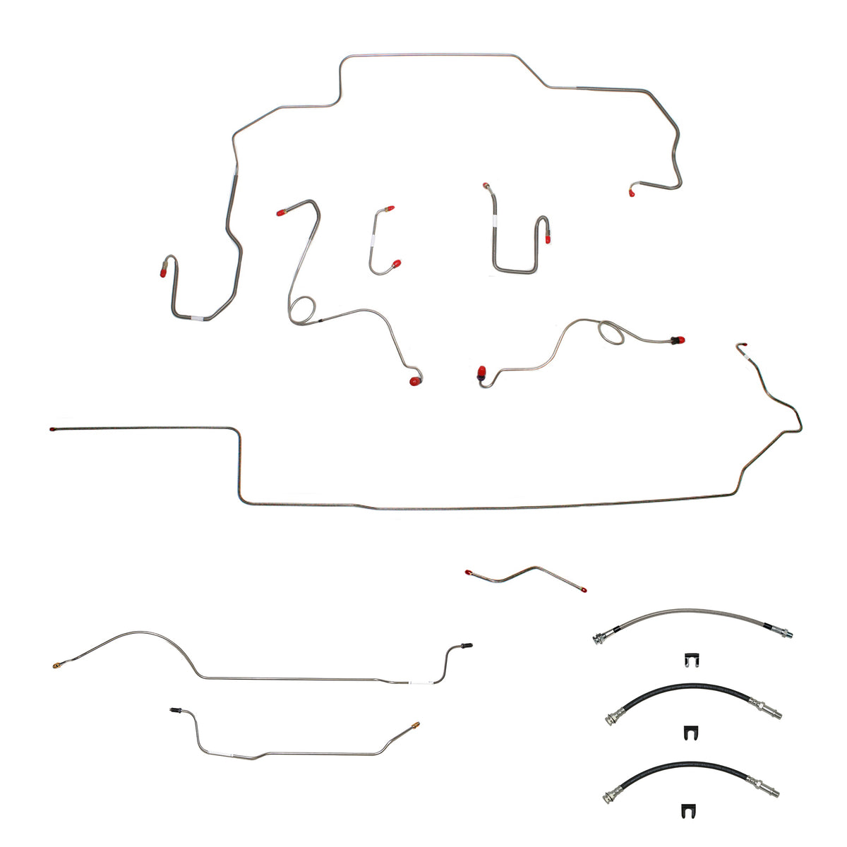 70 Mopar B-Body, Power Disc Brakes, Right Ported Master Cylinder, Right Front to Fender then Rises 4.5" Above Bell housing then routes UNDER Frame Rail, 8 3/4 Axle; Complete Brake Line and Hose Kit; Stainless - SSTubes