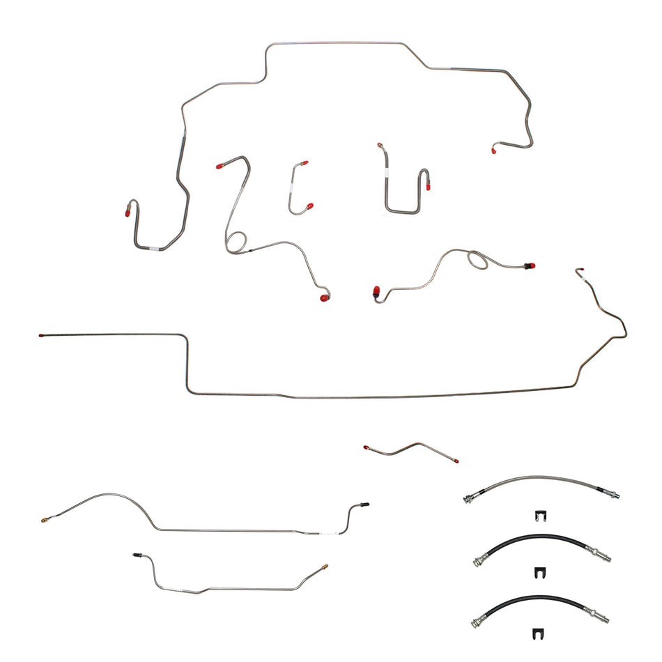 70 Mopar B-Body, Power Disc Brakes, Right Ported Master Cylinder, Right Front to Fender then Rises 4.5" Above Bell housing then routes UNDER Frame Rail, 8 3/4 Axle; Complete Brake Line and Hose Kit; SteelSSTubes