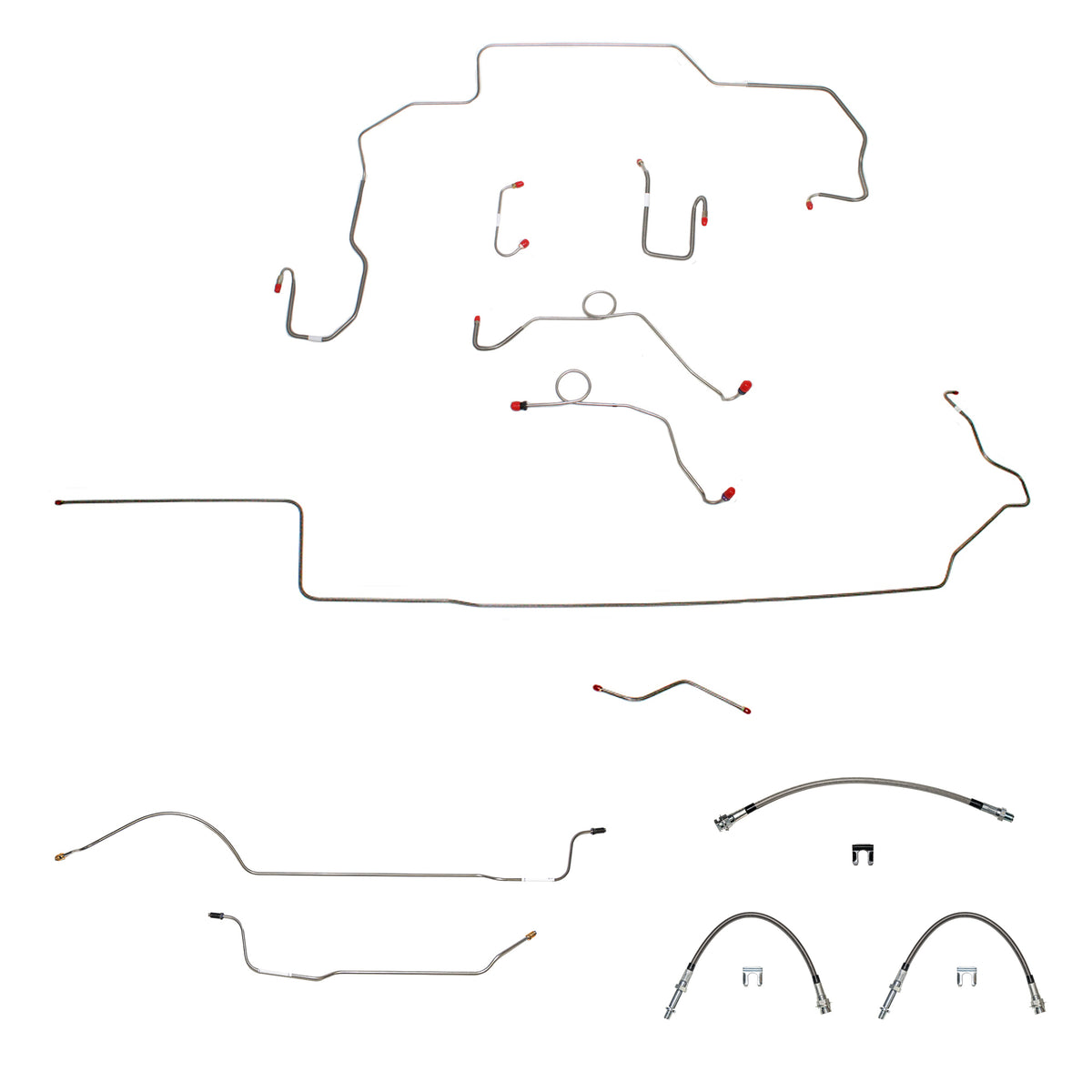 70 Mopar B-Body, Non-Hemi, Power Disc Brakes, Left Ported Master Cylinder, Right Front to Fender then Rises 4.5" Above Bell housing then routes UNDER Frame Rail, 8 3/4 Axle; Complete Brake Line and Hose Kit; Stainless - SSTubes
