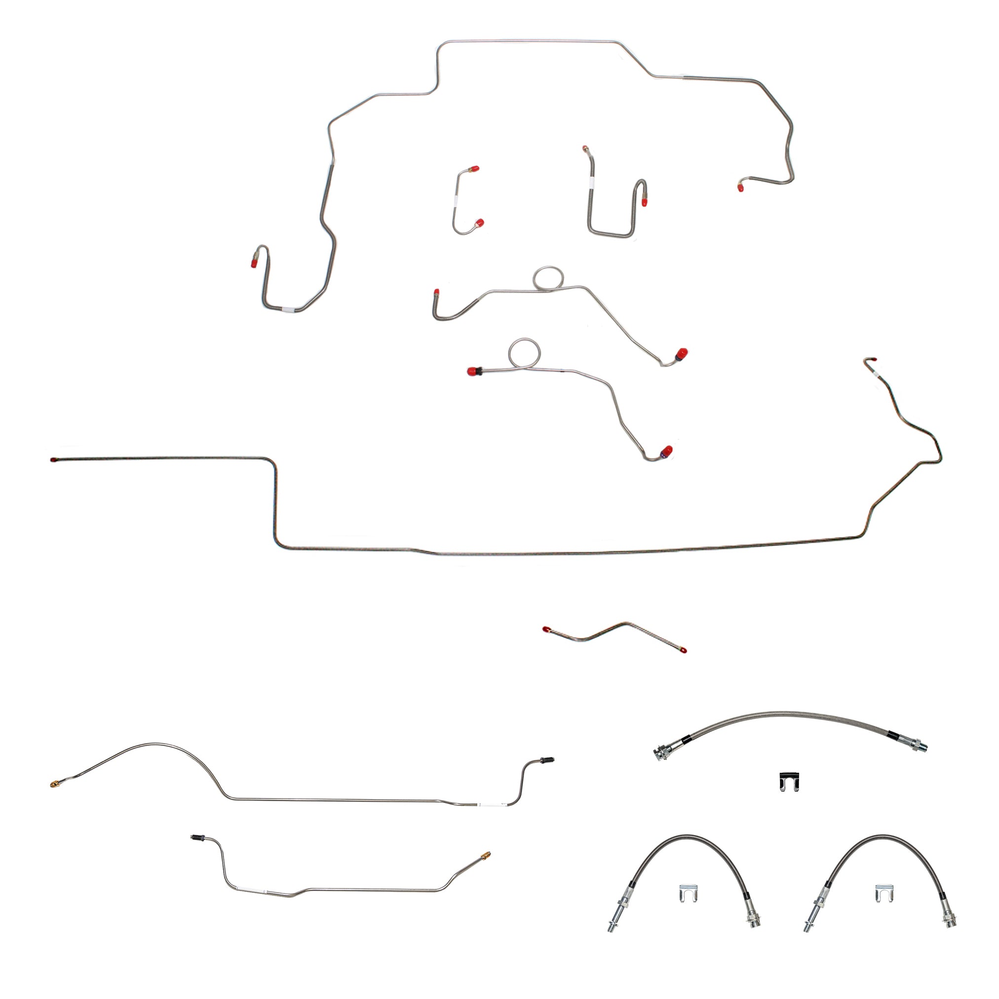 70 Mopar B-Body, Non-Hemi, Power Disc Brakes, Left Ported Master Cylinder, Right Front to Fender then Rises 4.5" Above Bell housing then routes UNDER Frame Rail, 8 3/4 Axle; Complete Brake Line and Hose Kit; Stainless - SSTubes
