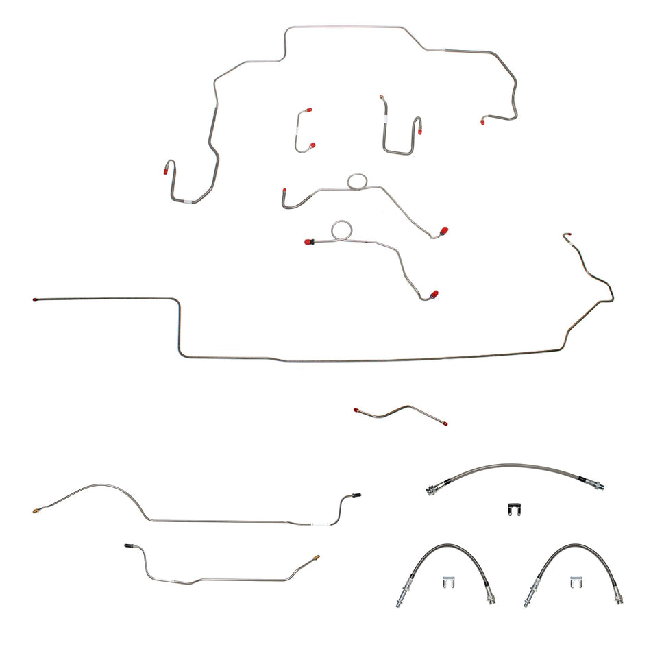 70 Mopar B-Body, Non-Hemi, Power Disc Brakes, Left Ported Master Cylinder, Right Front to Fender then Rises 4.5" Above Bell housing then routes UNDER Frame Rail, 8 3/4 Axle; Complete Brake Line and Hose Kit; StainlessSSTubes