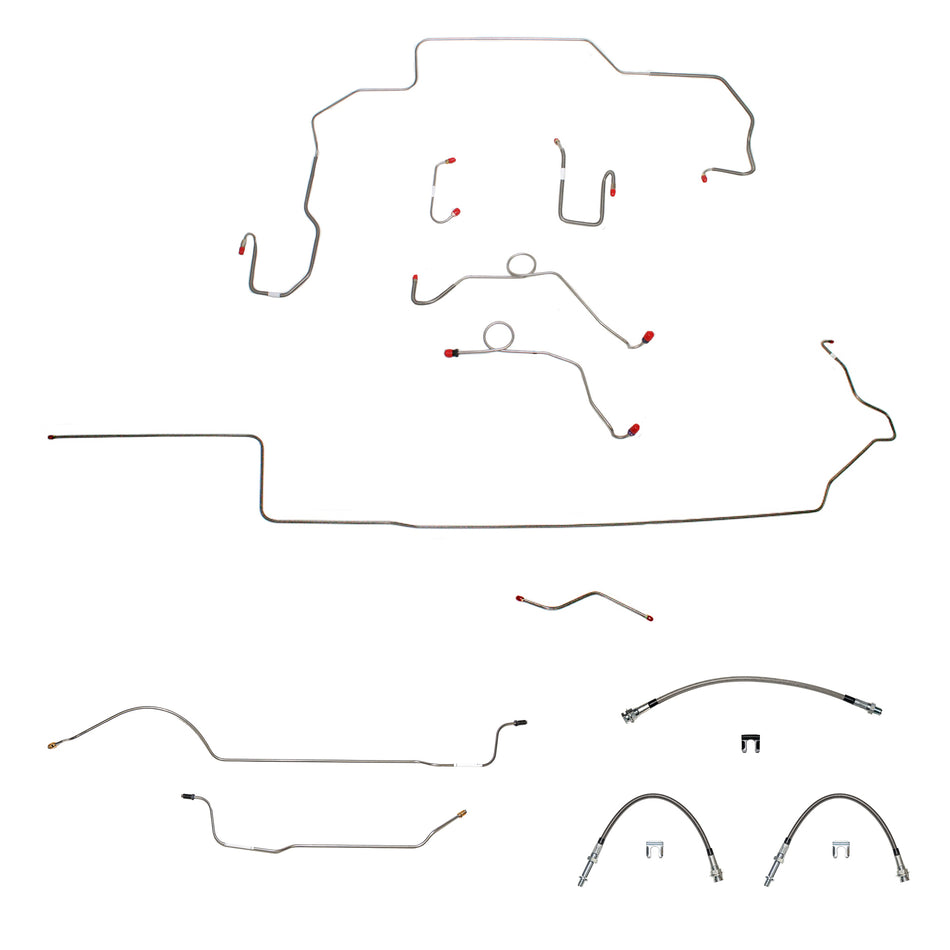 70 Mopar B-Body, Non-Hemi, Power Disc Brakes, Left Ported Master Cylinder, Right Front to Fender then Rises 4.5" Above Bell housing then routes UNDER Frame Rail, 8 3/4 Axle; Complete Brake Line and Hose Kit; Steel - SSTubes