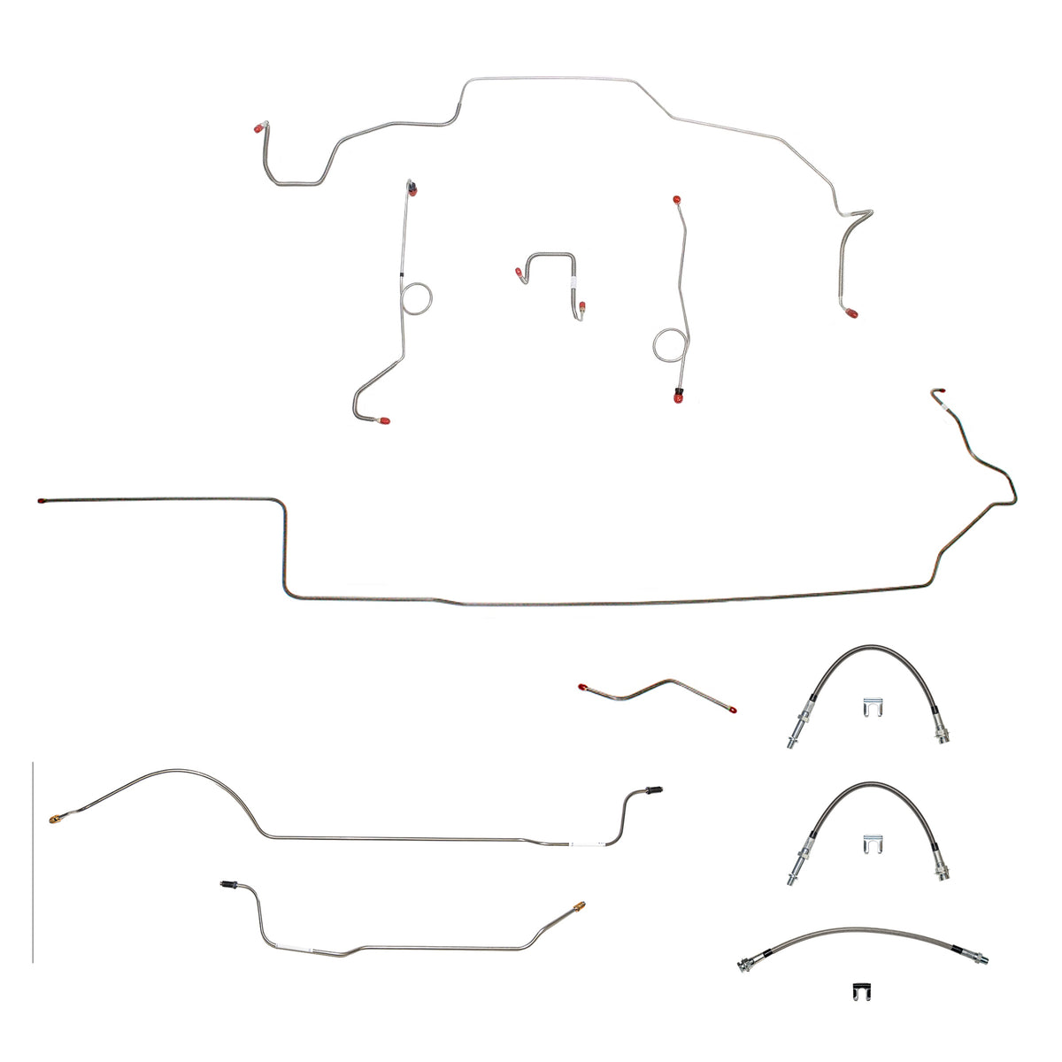 70 Mopar B-Body, Power Disc Brakes, Left Ported Master Cylinder, Right Front to Fender then Rises 4.5" Above Bell housing then routes UNDER Frame Rail, 8 3/4 Axle; Complete Brake Line and Hose Kit; Stainless - SSTubes