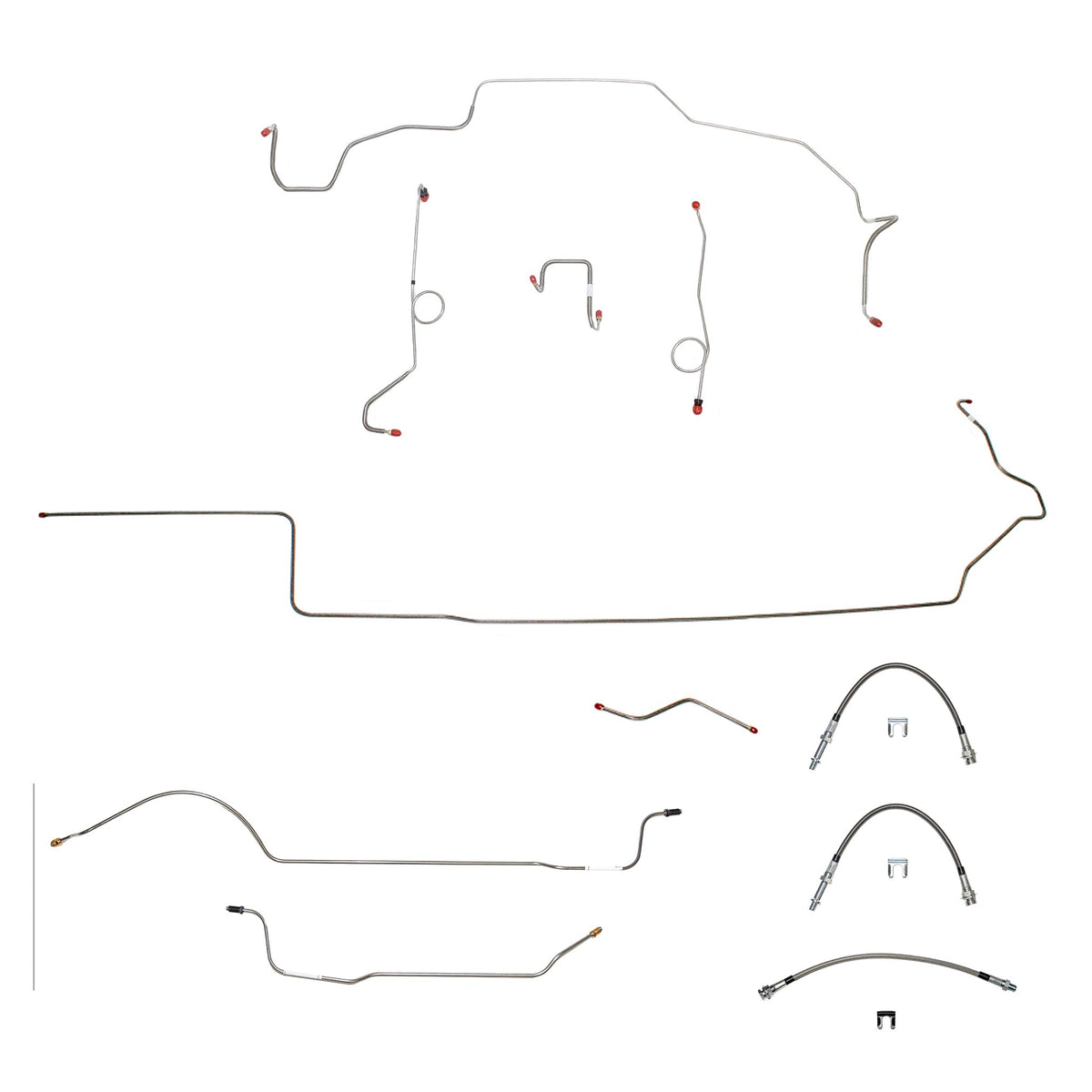 70 Mopar B-Body, Power Disc Brakes, Left Ported Master Cylinder, Right Front to Fender then Rises 4.5" Above Bell housing then routes UNDER Frame Rail, 8 3/4 Axle; Complete Brake Line and Hose Kit; StainlessSSTubes