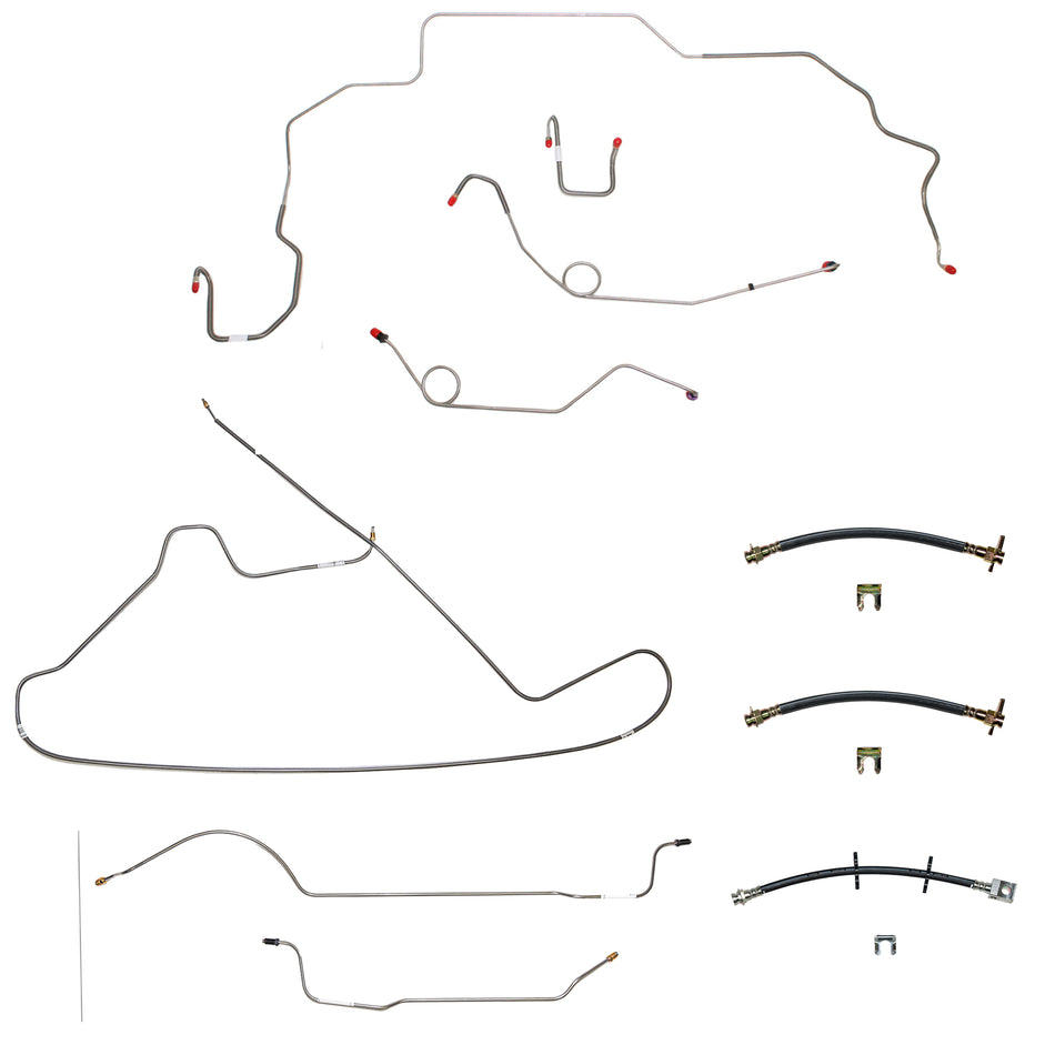 68-69 Mopar B-Body, Hemi, Power Disc Brakes, Right Front to Fender then Rises 4.5'' Above Bell housing then routes UNDER Frame Rail, 8 3/4 Axle; Complete Brake Line and Hose Kit; Stainless - SSTubes