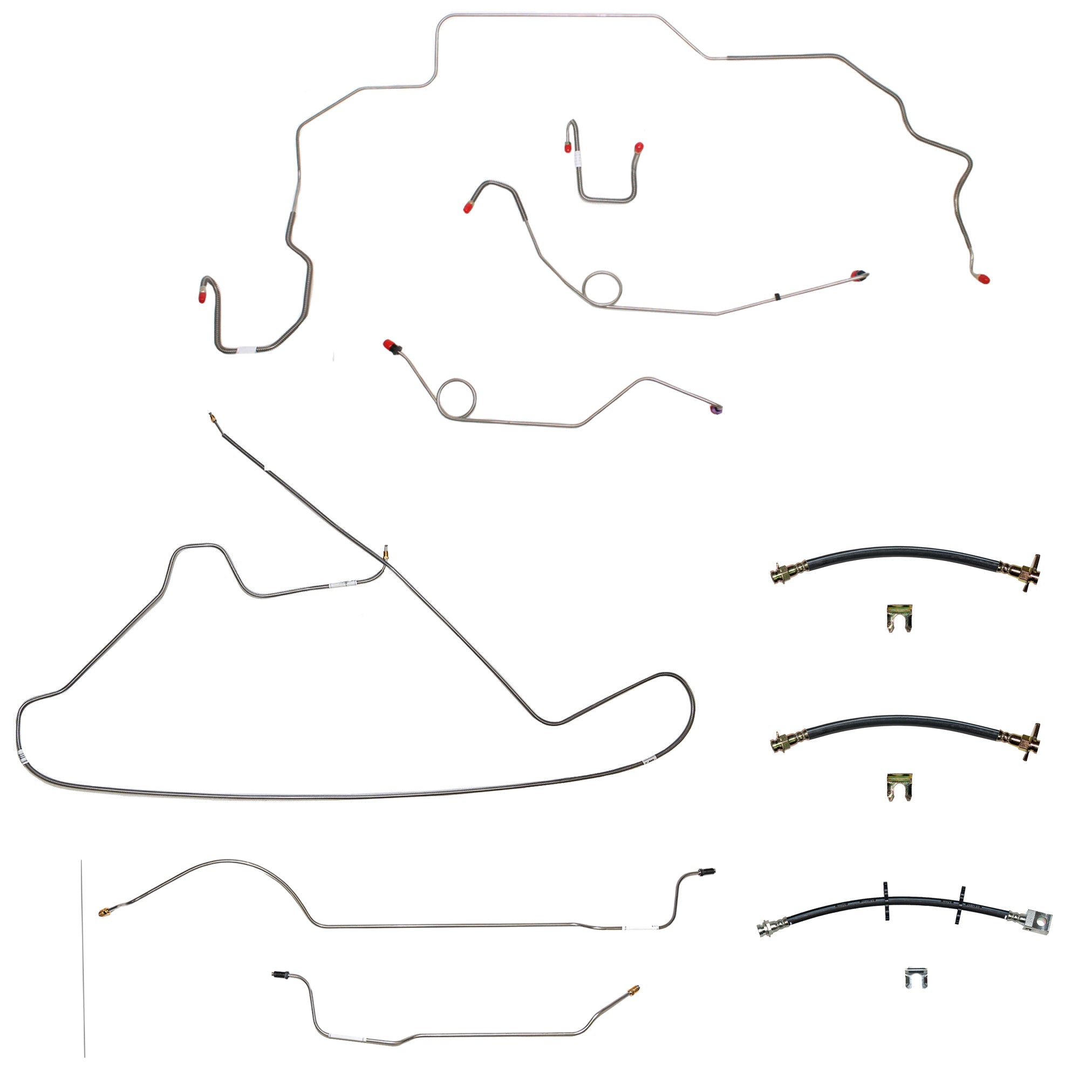 68-69 Mopar B-Body, Hemi, Power Disc Brakes, Right Front to Fender then Rises 4.5'' Above Bell housing then routes UNDER Frame Rail, 8 3/4 Axle; Complete Brake Line and Hose Kit; StainlessSSTubes