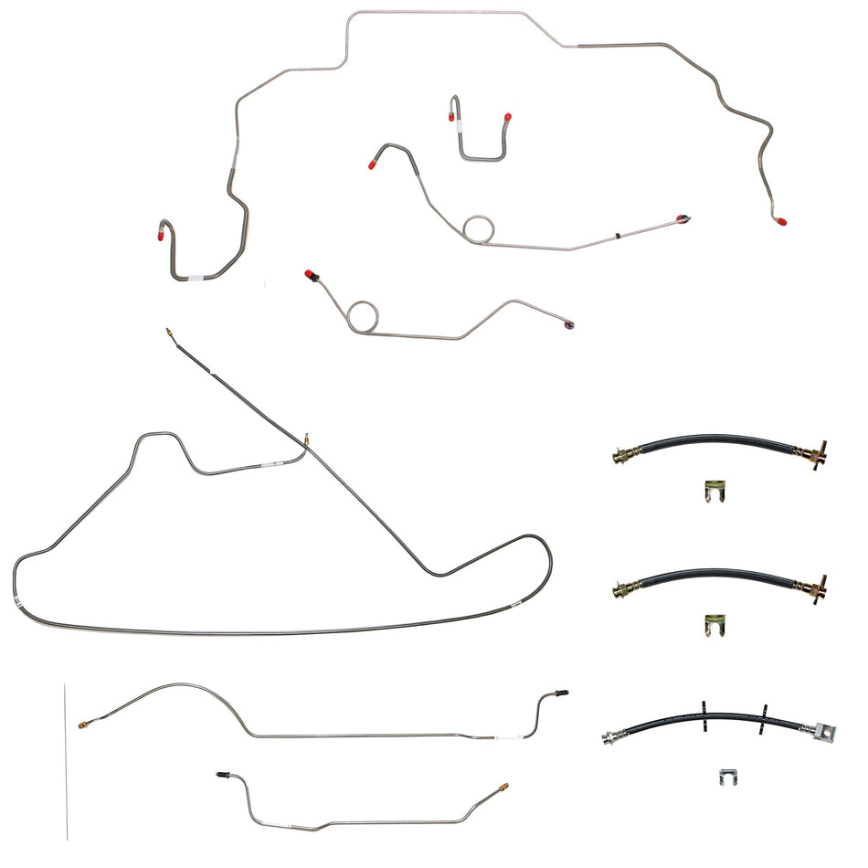 68-69 Mopar B-Body, Hemi, Power Disc Brakes, Right Front to Fender then Rises 4.5'' Above Bell housing then routes UNDER Frame Rail, 8 3/4 Axle; Complete Brake Line and Hose Kit; StainlessSSTubes
