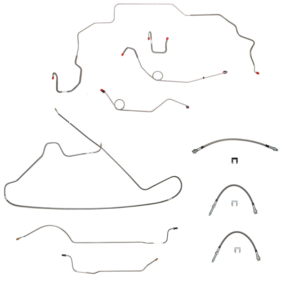 70 Mopar B-Body, Hemi, Power Disc Brakes, Right Front to Fender then Rises 4.5'' Above Bell housing then routes UNDER Frame Rail, 8 3/4 Axle; Complete Brake Line and Hose Kit; Stainless - SSTubes