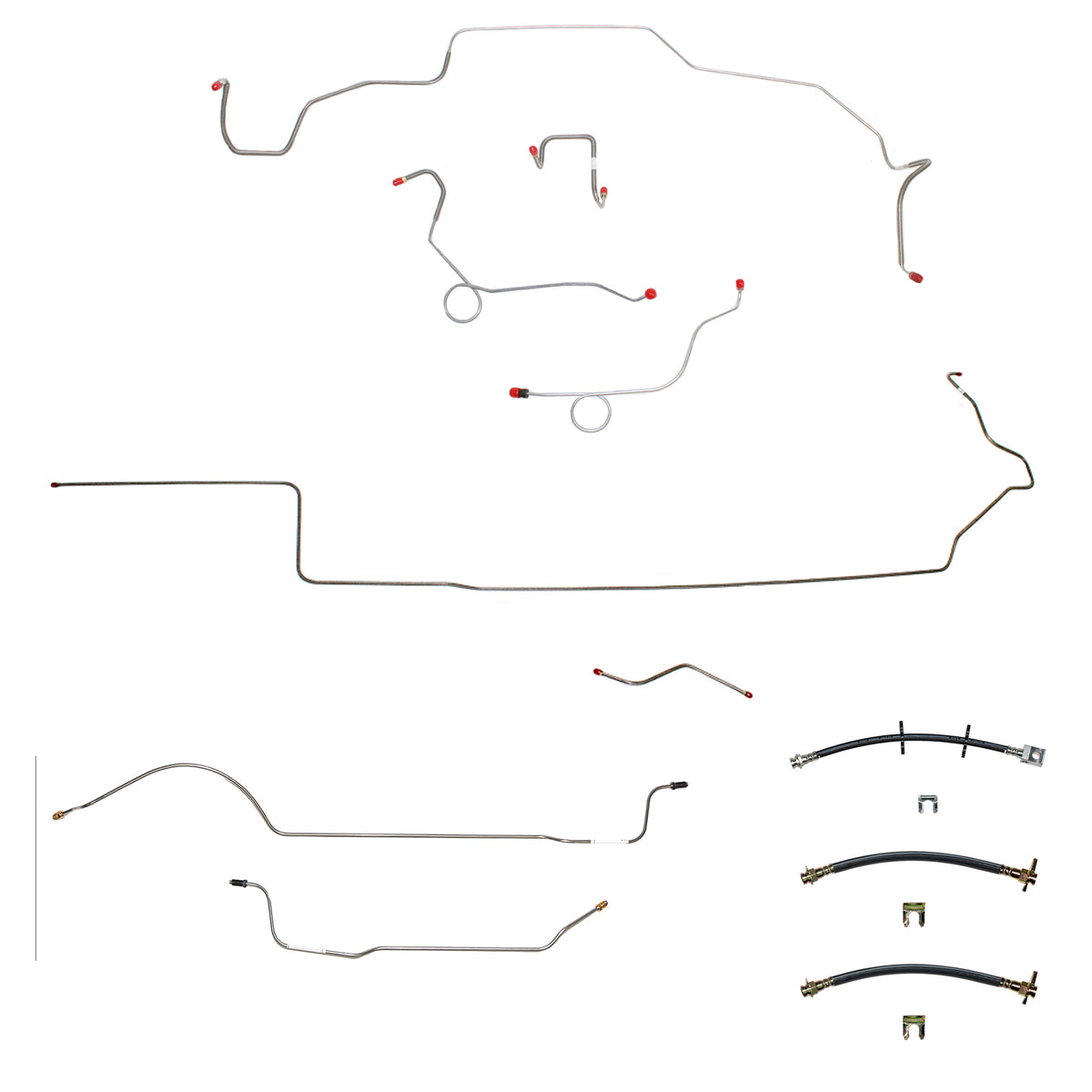 68-69 Mopar B-Body, Power Disc Brakes, Right Ported Master Cylinder, Right Front to Fender then Rises 4.5" Above Bell housing then routes UNDER Frame Rail, 8 3/4 Axle; Complete Brake Line and Hose Kit; Stainless - SSTubes