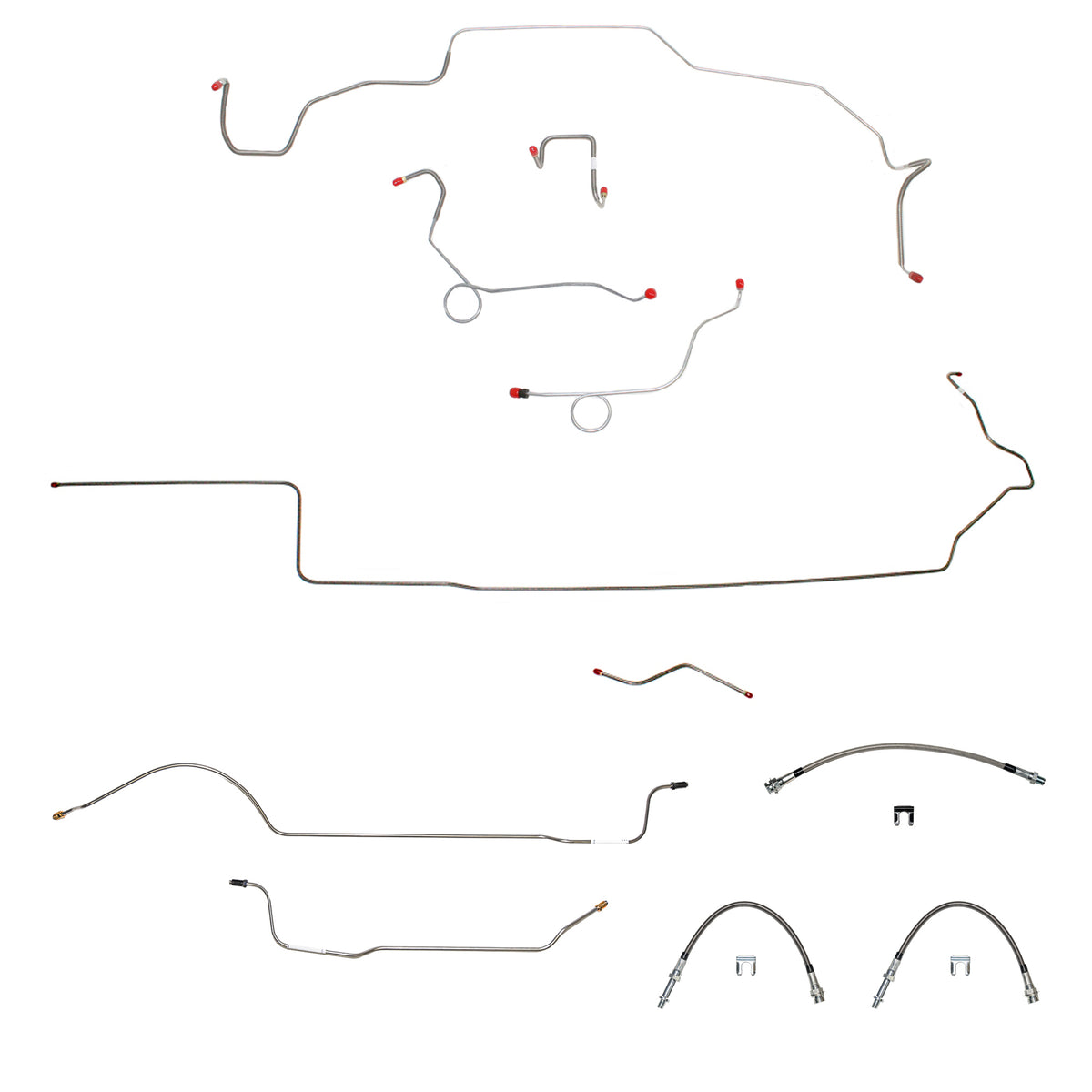 70 Mopar B-Body, Power Disc Brakes, Right Ported Master Cylinder, Right Front to Fender then Rises 4.5" Above Bell housing then routes UNDER Frame Rail, 8 3/4 Axle; Complete Brake Line and Hose Kit; Stainless - SSTubes