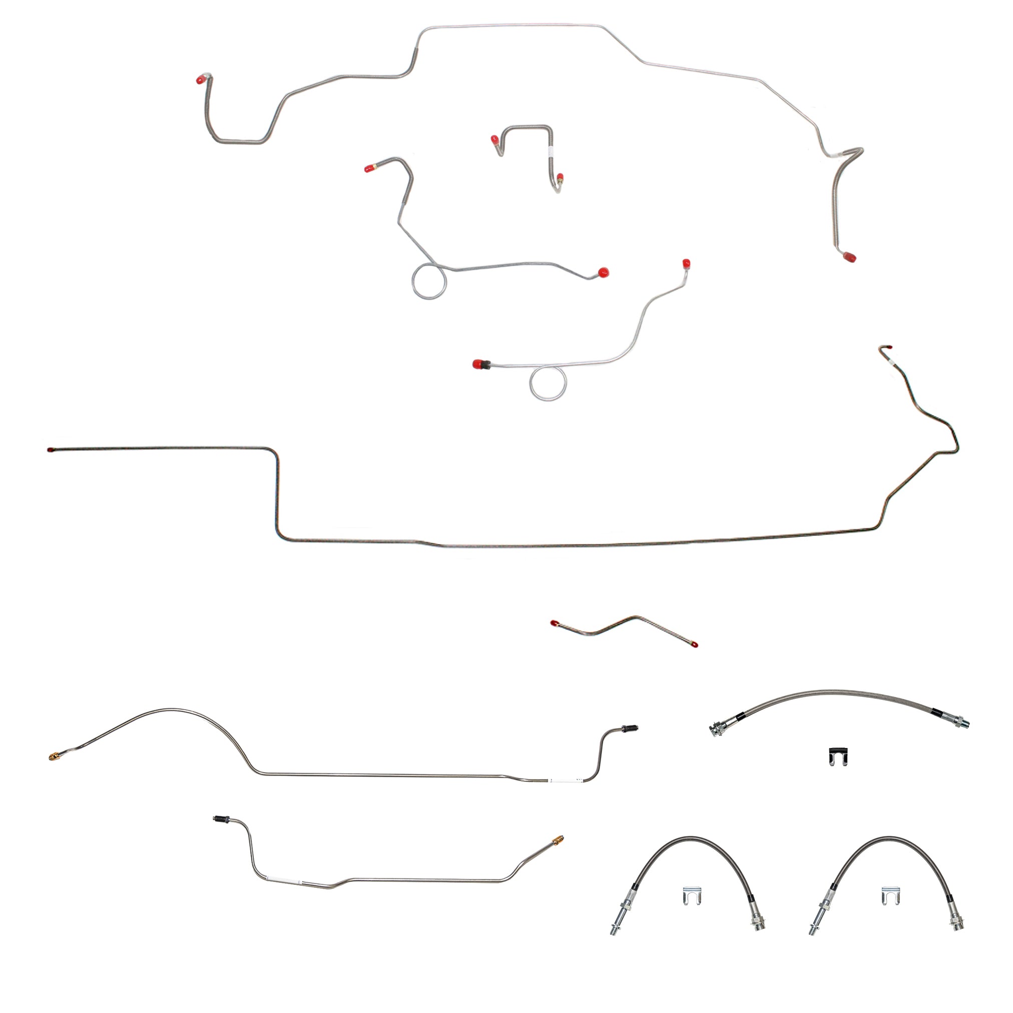 70 Mopar B-Body, Power Disc Brakes, Right Ported Master Cylinder, Right Front to Fender then Rises 4.5" Above Bell housing then routes UNDER Frame Rail, 8 3/4 Axle; Complete Brake Line and Hose Kit; Stainless - SSTubes