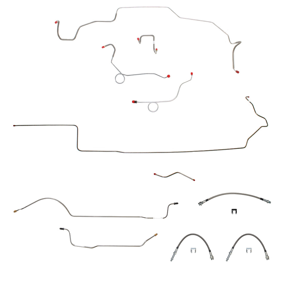 70 Mopar B-Body, Power Disc Brakes, Right Ported Master Cylinder, Right Front to Fender then Rises 4.5" Above Bell housing then routes UNDER Frame Rail, 8 3/4 Axle; Complete Brake Line and Hose Kit; Steel - SSTubes