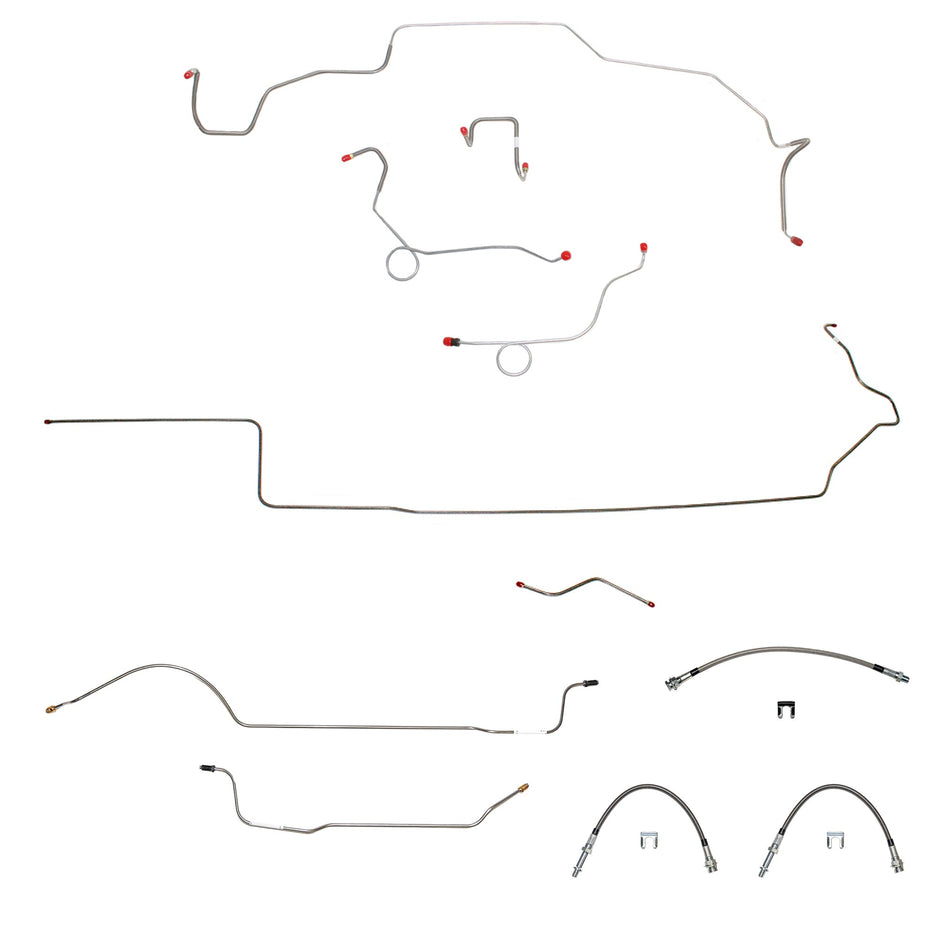 70 Mopar B-Body, Power Disc Brakes, Right Ported Master Cylinder, Right Front to Fender then Rises 4.5" Above Bell housing then routes UNDER Frame Rail, 8 3/4 Axle; Complete Brake Line and Hose Kit; SteelSSTubes