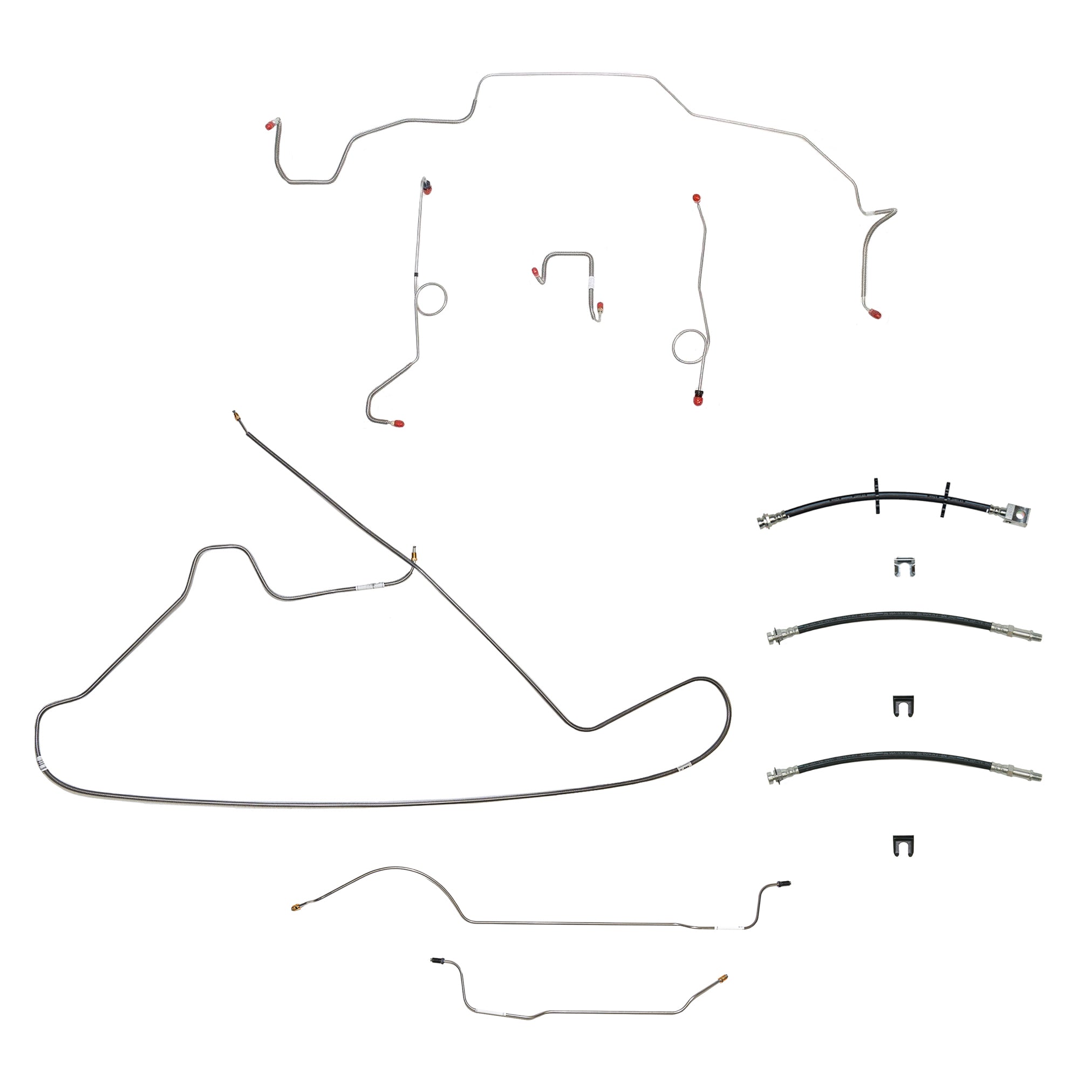 68-69 Mopar B-Body, Power Drum Brakes, Right Front to Fender then Rises 4.5'' Above Bell housing then routes UNDER Frame Rail, 8 3/4 Axle; Complete Brake Line and Hose Kit; StainlessSSTubes