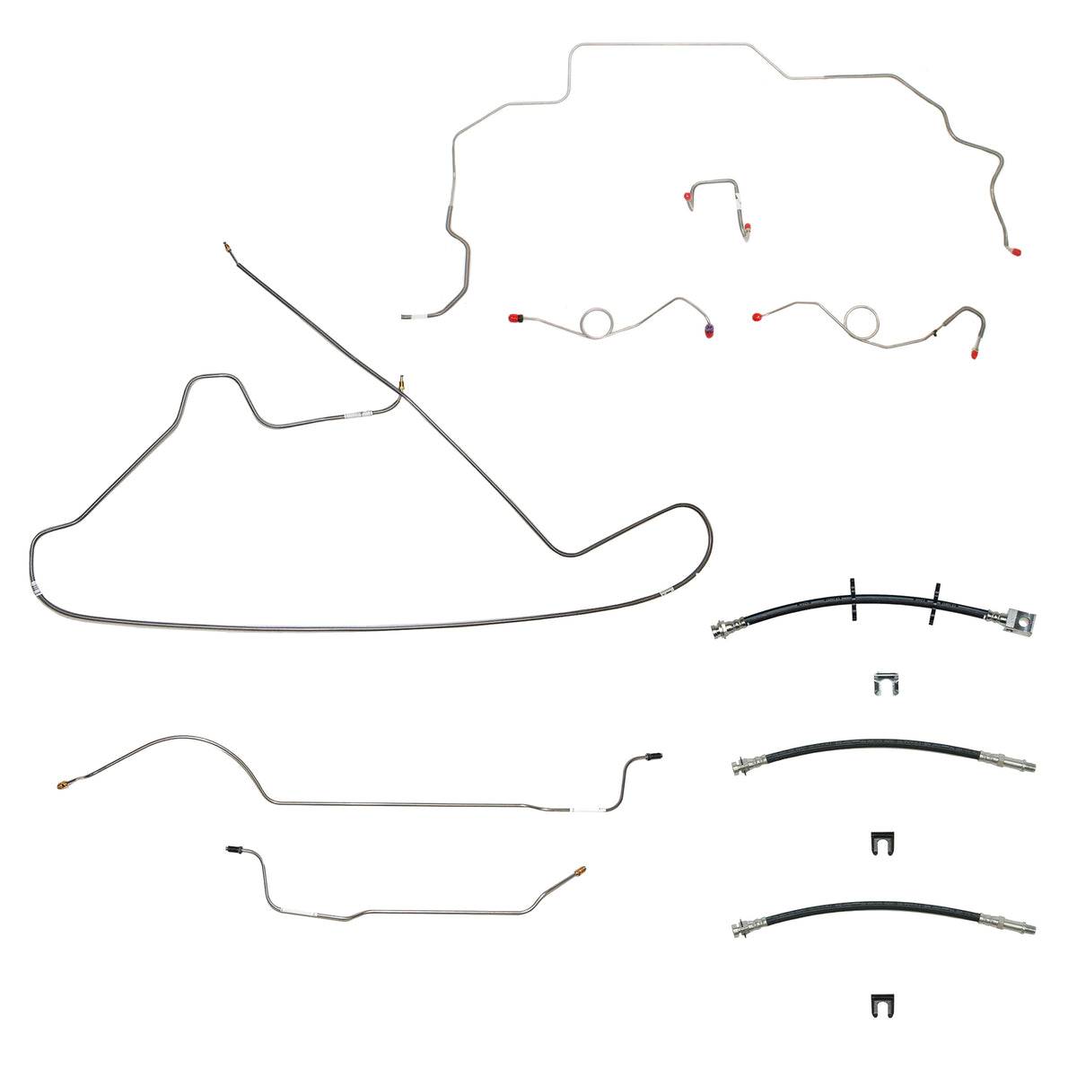 69-70 Mopar B-Body, Drum Brakes, Right Front to Fender then Rises 4.5'' Above Bell housing then routes UNDER Frame Rail, 8 3/4 Axle; Complete Brake Line and Hose Kit; Steel - SSTubes