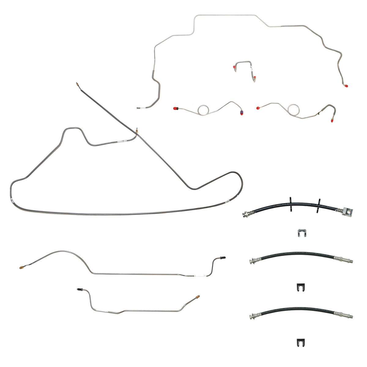 69-70 Mopar B-Body, Drum Brakes, Right Front to Fender then Rises 4.5'' Above Bell housing then routes UNDER Frame Rail, 8 3/4 Axle; Complete Brake Line and Hose Kit; StainlessSSTubes