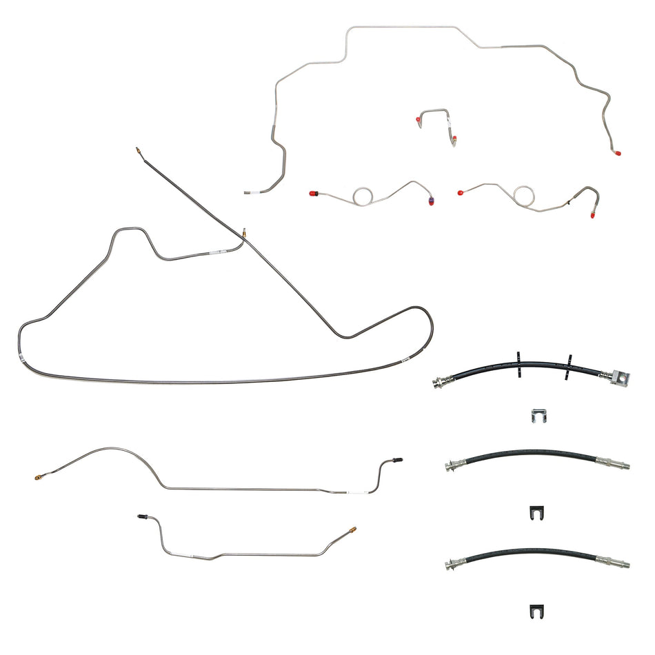 69-70 Mopar B-Body, Drum Brakes, Right Front to Fender then Rises 4.5'' Above Bell housing then routes UNDER Frame Rail, 8 3/4 Axle; Complete Brake Line and Hose Kit; StainlessSSTubes