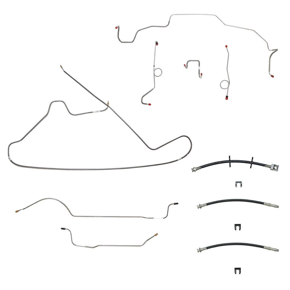 68-70 Mopar B-Body, Drum Brakes, Right Front to Fender then Rises 4.5'' Above Bell housing then routes OVER Frame Rail, 8 3/4 Axle; Complete Brake Line and Hose Kit; SteelSSTubes