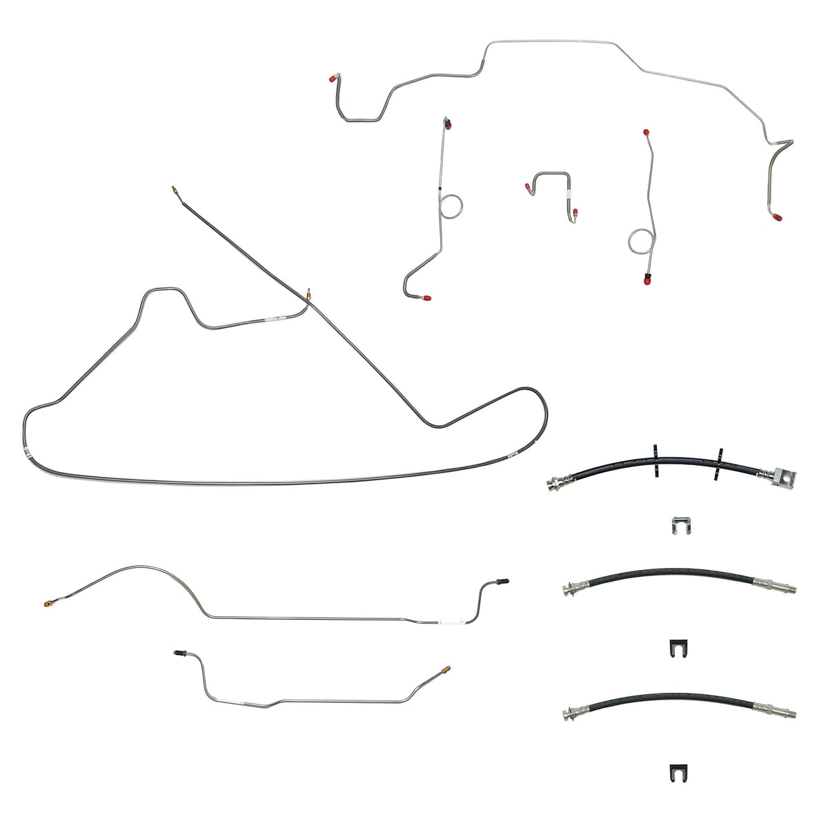 68-70 Mopar B-Body, Drum Brakes, Right Front to Fender then Rises 4.5'' Above Bell housing then routes OVER Frame Rail, 8 3/4 Axle; Complete Brake Line and Hose Kit; StainlessSSTubes