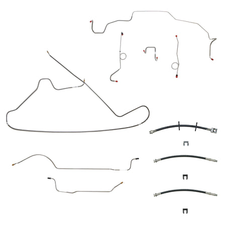68-70 Mopar B-Body, Drum Brakes, Right Front to Fender then Rises 4.5'' Above Bell housing then routes OVER Frame Rail, 8 3/4 Axle; Complete Brake Line and Hose Kit; StainlessSSTubes