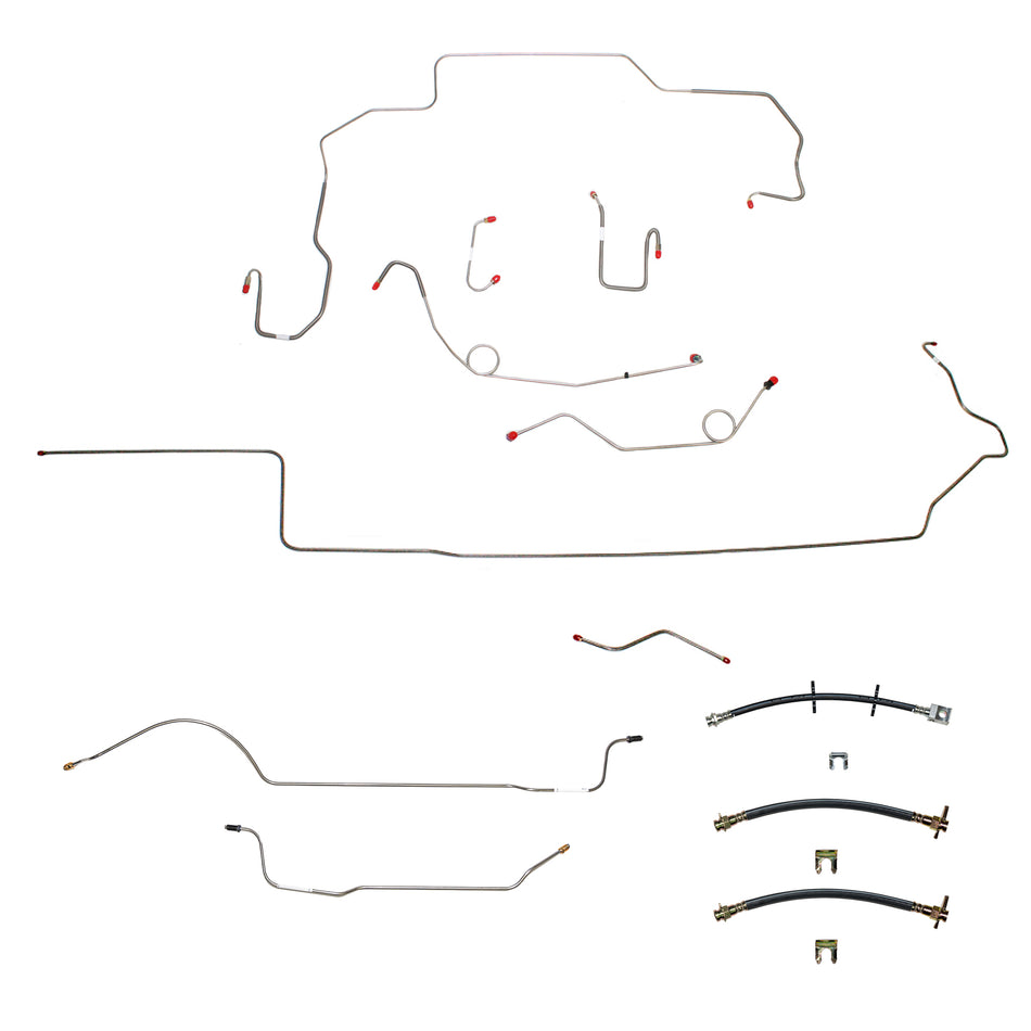 68-69 Mopar B-Body, Hemi, Power Drum Brakes, Right Front to Fender then Rises 4.5" Above Bell housing then routes UNDER Frame Rail, 8 3/4 Axle; Complete Brake Line and Hose Kit; Stainless - SSTubes