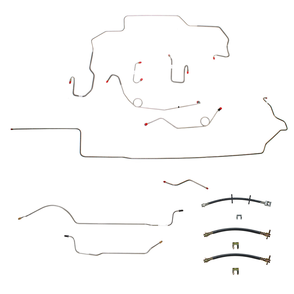 68-69 Mopar B-Body, Hemi, Power Drum Brakes, Right Front to Fender then Rises 4.5" Above Bell housing then routes UNDER Frame Rail, 8 3/4 Axle; Complete Brake Line and Hose Kit; Steel - SSTubes