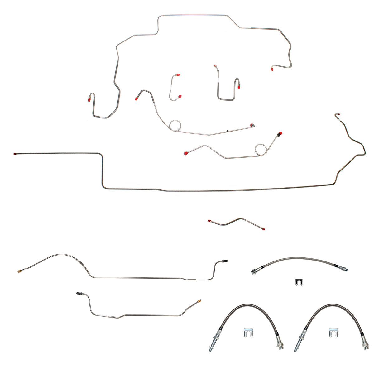 70 Mopar B-Body, Hemi, Power Drum Brakes, Right Front to Fender then Rises 4.5" Above Bell housing then routes UNDER Frame Rail, 8 3/4 Axle; Complete Brake Line and Hose Kit; Steel - SSTubes