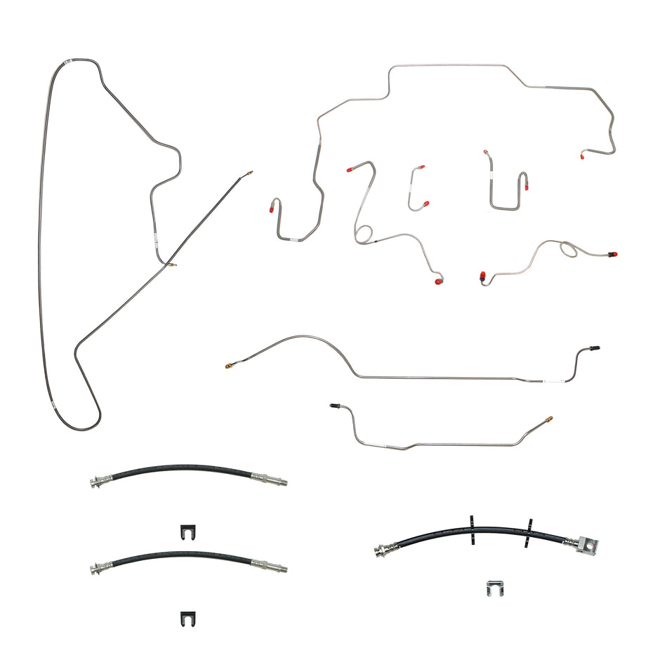 67 Mopar B-Body, Standard Drum Brakes, Right Front to Fender then Rises 4.5'' Above Bell housing then routes UNDER Frame Rail, DANA Axle; Complete Brake Line and Hose Kit; Stainless - SSTubes