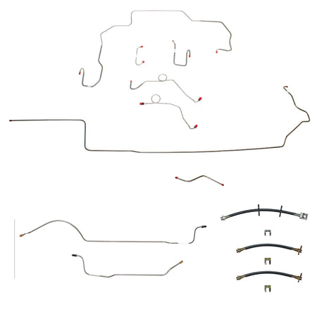 68-69 Mopar B-Body, Non-Hemi, Power Disc Brakes, Left Ported Master Cylinder, Right Front to Fender then Rises 4.5" Above Bell housing then routes UNDER Frame Rail, DANA Axle; Complete Brake Line and Hose Kit; StainlessSSTubes