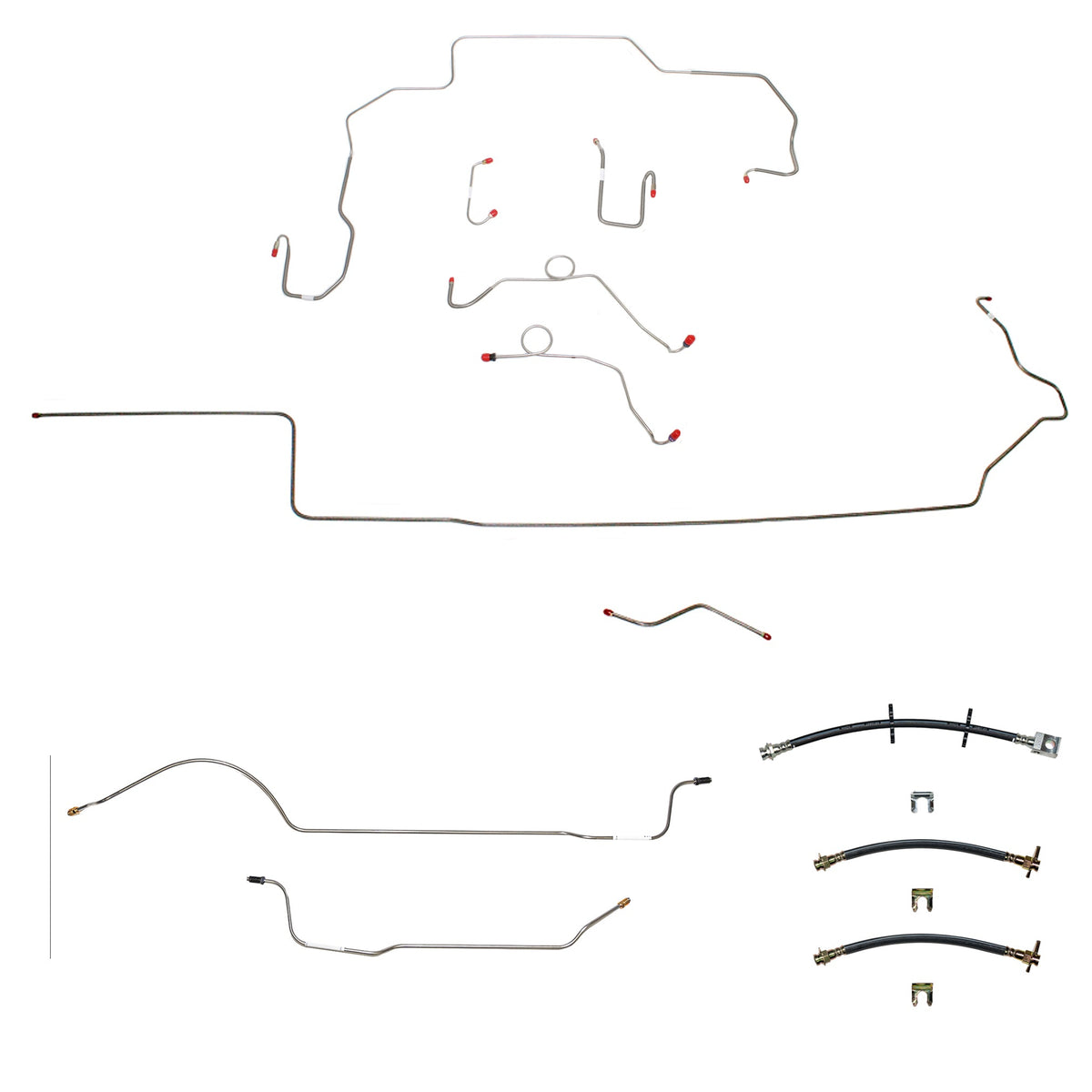 68-69 Mopar B-Body, Non-Hemi, Power Disc Brakes, Left Ported Master Cylinder, Right Front to Fender then Rises 4.5" Above Bell housing then routes UNDER Frame Rail, DANA Axle; Complete Brake Line and Hose Kit; SteelSSTubes