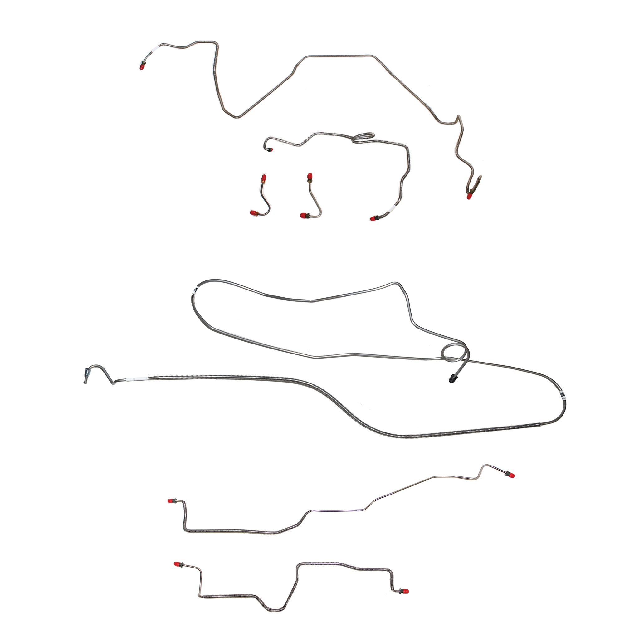 1984-85 Pontiac Firebird, w/ Rear Drum, 2.5L 4 cyl or 2.8L 6 cyl, Line Enters Front of Valve, non Borg-Warner HD Axle; Complete Brake Line Kit; Stainless - SSTubes