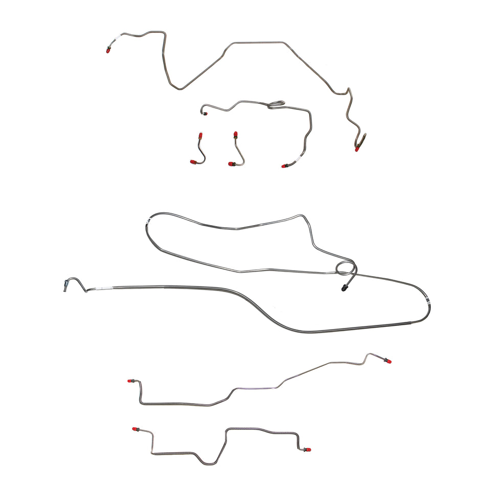 1984-85 Pontiac Firebird, w/ Rear Drum, 2.5L 4 cyl or 2.8L 6 cyl, Line Enters Front of Valve, non Borg-Warner HD Axle; Complete Brake Line Kit; Stainless - SSTubes