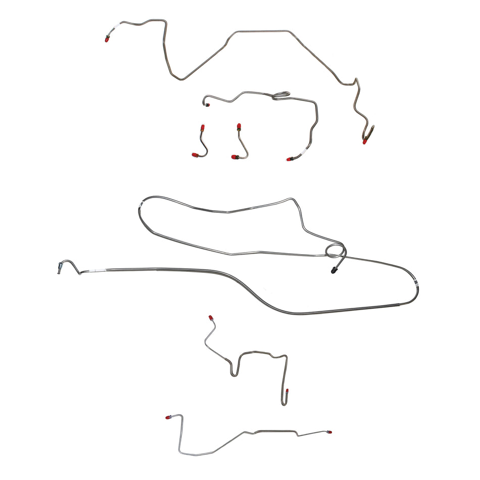 1984-85 Pontiac Firebird, w/ J65 Rear Disc, 2.5L 4 cyl or 2.8L 6 cyl, Line Enters Front of Valve, non Borg-Warner HD Axle, No Left-side Hose; Complete Brake Line Kit; Stainless - SSTubes