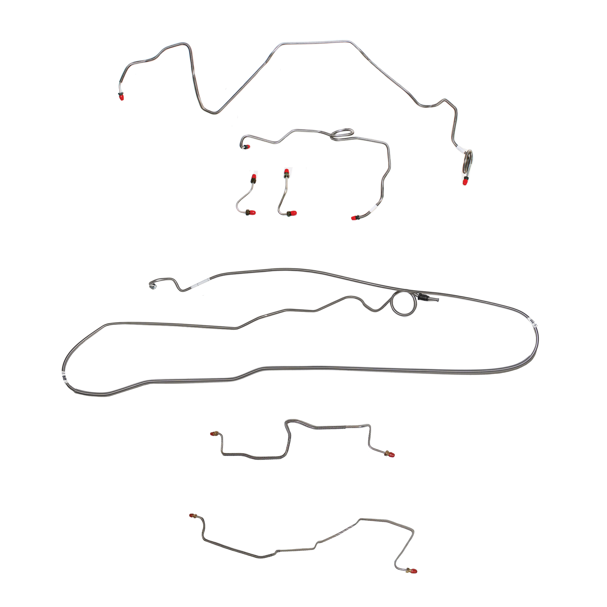 1986-89 Pontiac Firebird, w/ Rear Drum, 2.5L 4 cyl or 2.8L 6 cyl, Line Enters Bottom of Valve, Fine Threads on Master, Borg-Warner HD Axle; Complete Brake Line Kit; Stainless - SSTubes