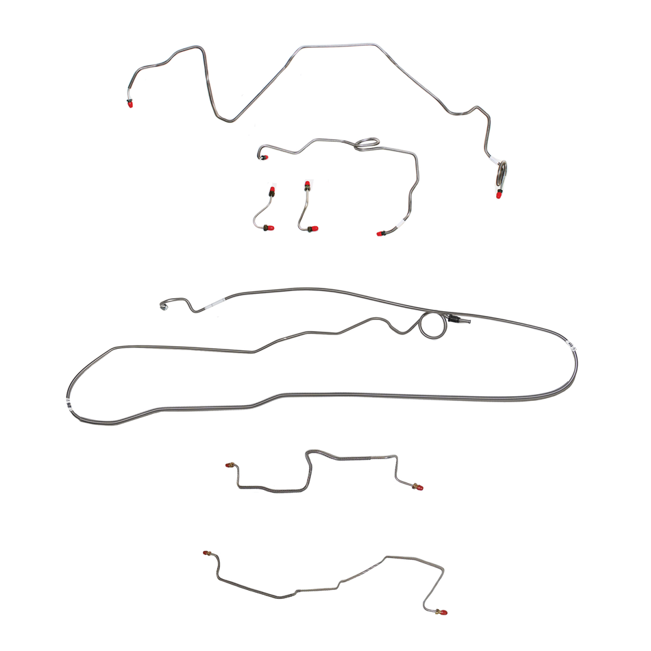 1986-89 Pontiac Firebird, w/ Rear Drum, 2.5L 4 cyl or 2.8L 6 cyl, Line Enters Bottom of Valve, Fine Threads on Master, Borg-Warner HD Axle; Complete Brake Line Kit; Stainless - SSTubes