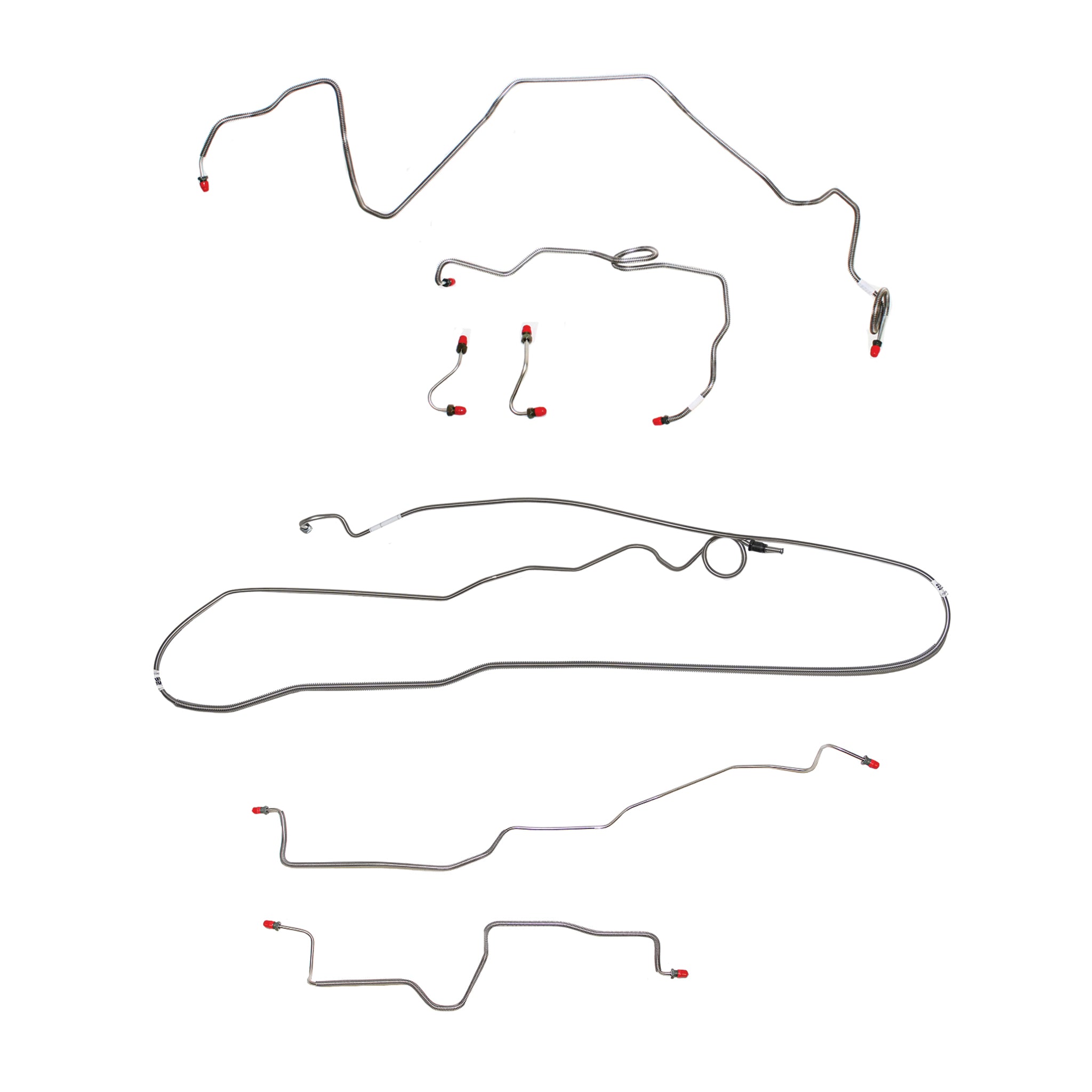 1986-89 Pontiac Firebird, w/ Rear Drum, V8, Line Enters Bottom of Valve, Fine Threads on Master, non Borg-Warner HD Axle; Complete Brake Line Kit; Stainless - SSTubes