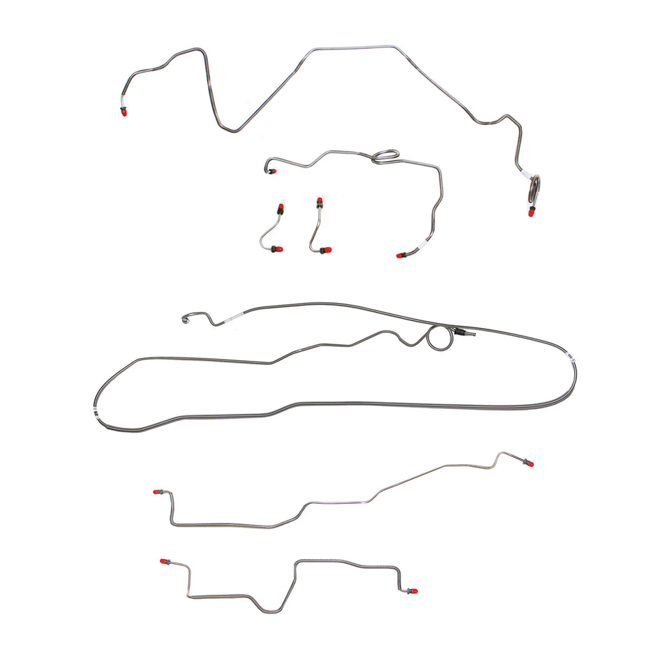 1986-89 Pontiac Firebird, w/ Rear Drum, V8, Line Enters Bottom of Valve, Fine Threads on Master, non Borg-Warner HD Axle; Complete Brake Line Kit; Stainless - SSTubes