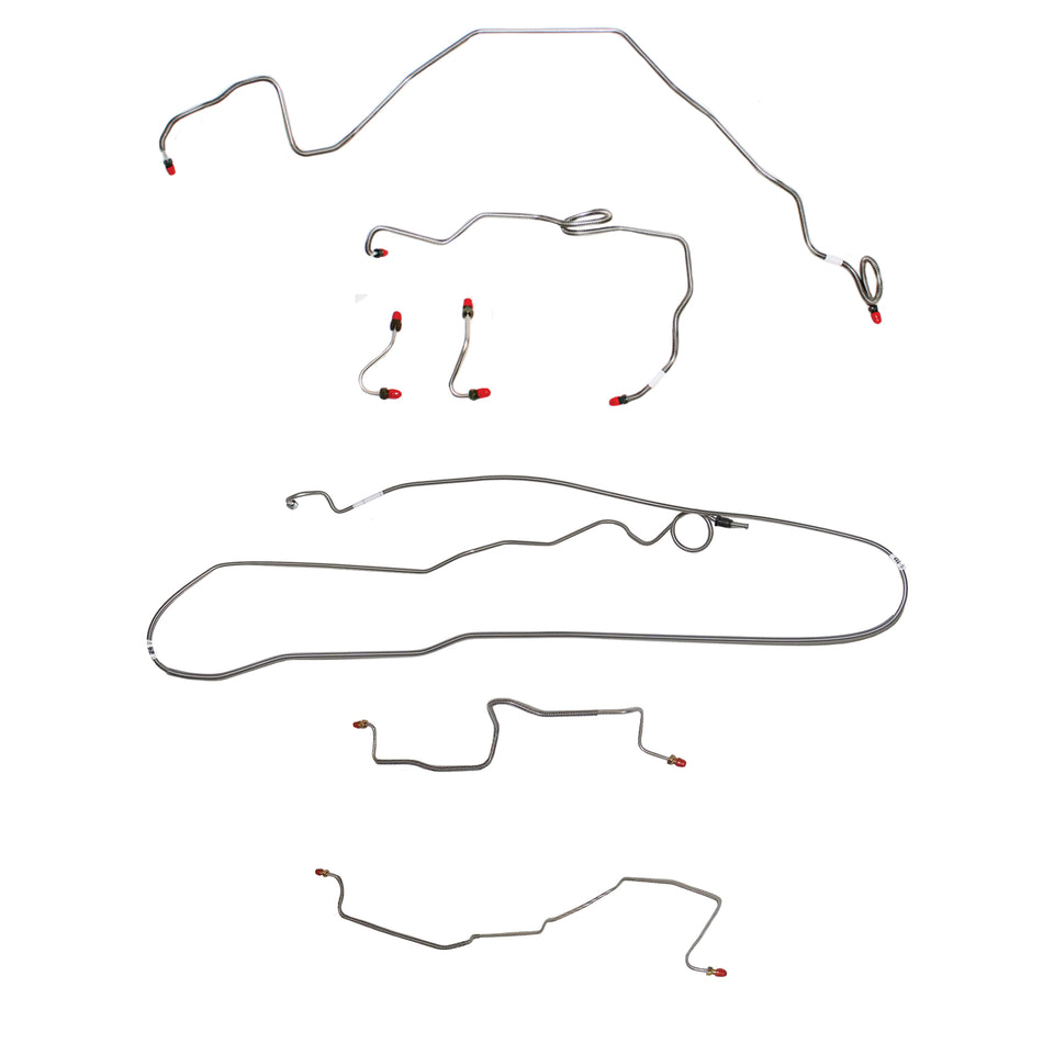 1986-89 Pontiac Firebird, w/ Rear Drum, V8, Line Enters Bottom of Valve, Fine Threads on Master, Borg-Warner HD Axle; Complete Brake Line Kit; Stainless - SSTubes